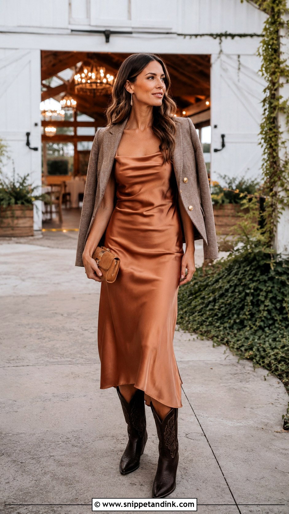 Satin Midi Dress With Western Boots - Snippet and Ink - 20 Western Wedding Attire Ideas