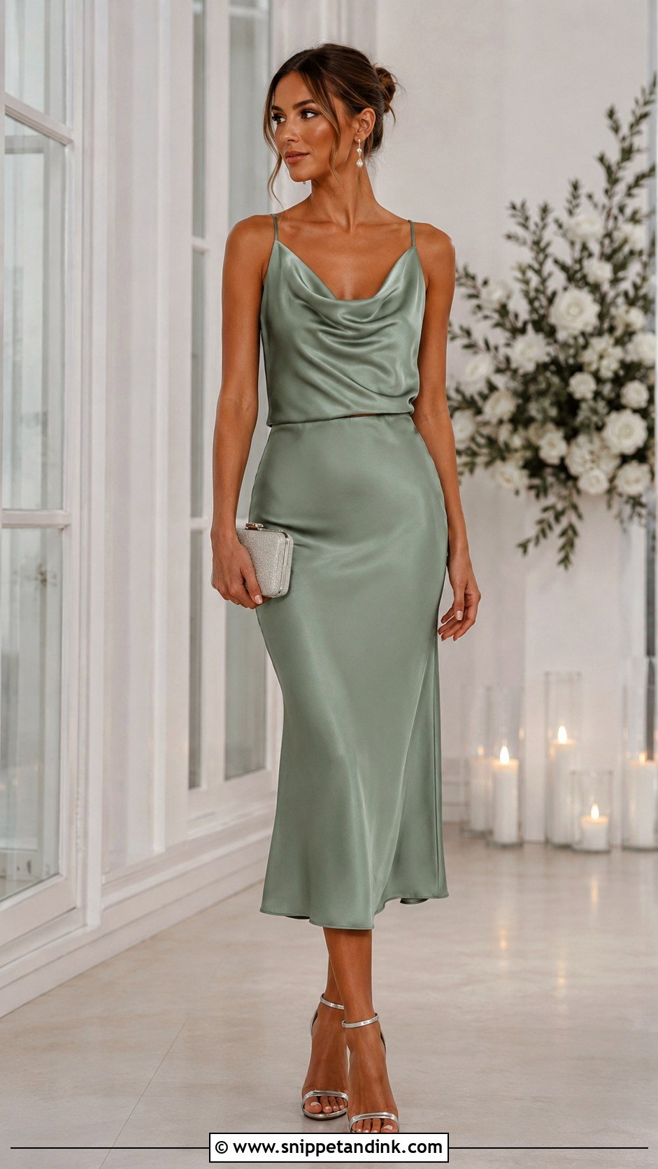 Satin Midi Skirt And Cowl Neck Top For Wedding - Snippet and Ink - 25 Skirt and Top for Wedding Ideas