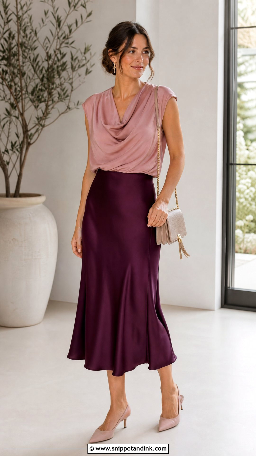 Satin Midi Skirt And Draped Blouse Wedding Outfit - Snippet and Ink - 20 Smart Casual Wedding Outfit Women Ideas