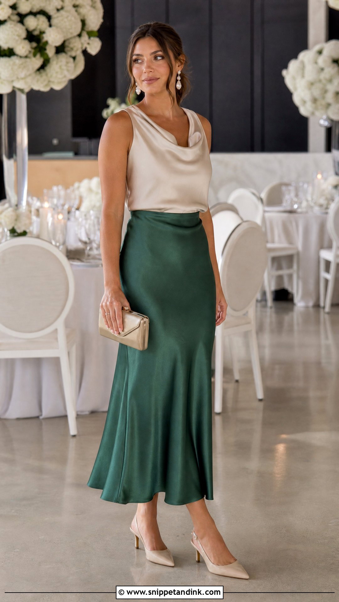 Satin Midi Skirt and Cowl Neck Top Wedding Outfit - Snippet and Ink - 20 Skirt and Top Wedding Outfits