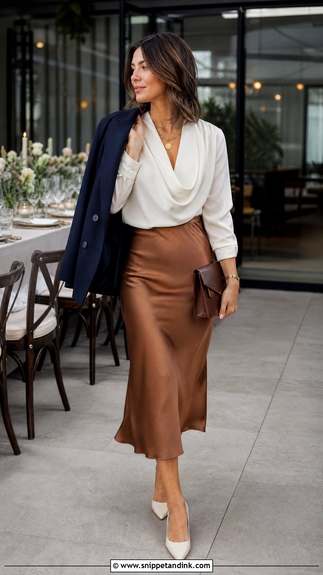 Satin Midi Skirt and Draped Blouse for a Fall Wedding - Snippet and Ink - 20 What to Wear to a Fall Wedding Ideas