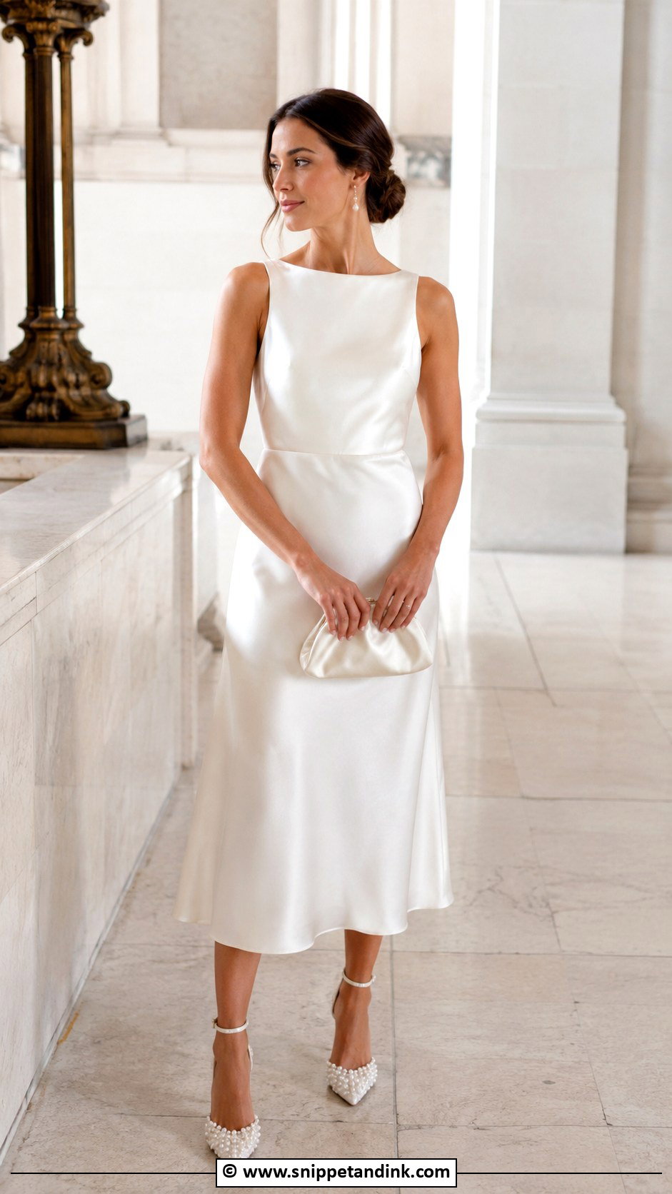 Satin Midi Wedding Dress With Pearl Heels - Snippet and Ink - 30 Midi Wedding Dress Ideas