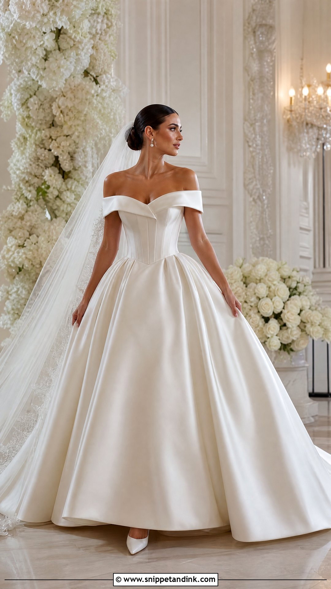 Satin Off Shoulder Bridal Ball Gown - Snippet and Ink - 20 Off Shoulder Bridal Dress Ideas