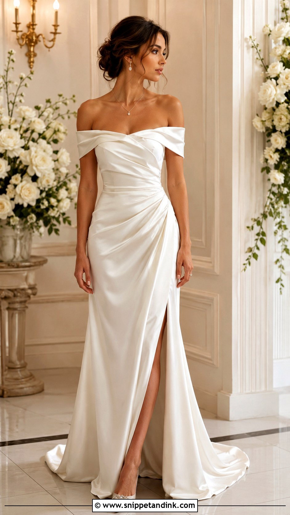 Satin Off Shoulder Wedding Dress - Snippet and Ink - 30 Satin Wedding Ideas