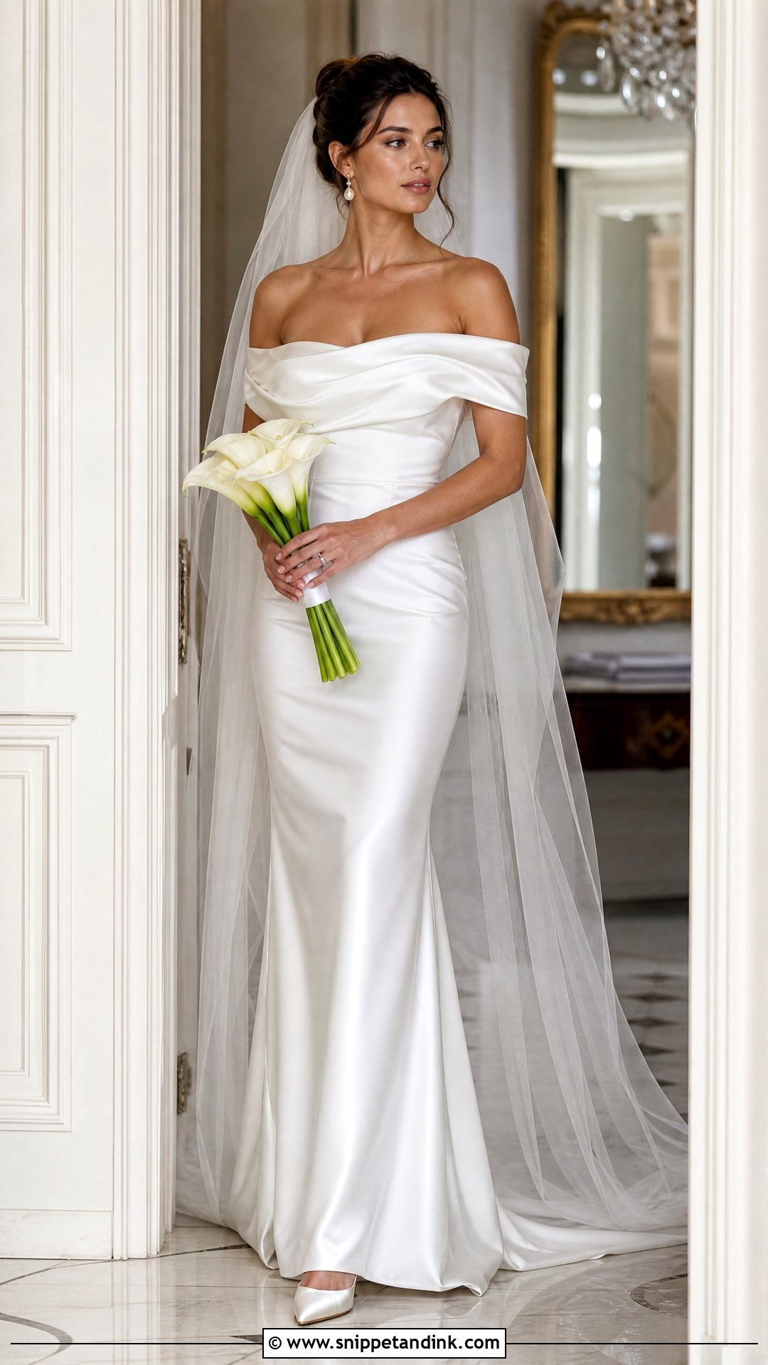 Satin Off The Shoulder Wedding Dress - Snippet and Ink - 20 Haley Bieber Wedding Dress Ideas