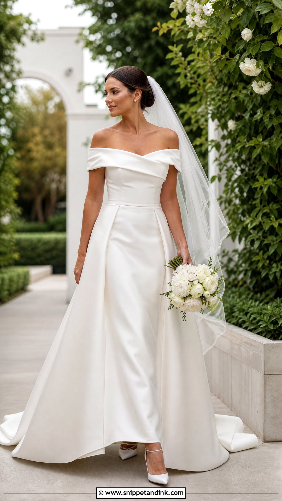 Satin Off the Shoulder A Line Dress - Snippet and Ink - 20 Satin Off the Shoulder Wedding Dress Ideas