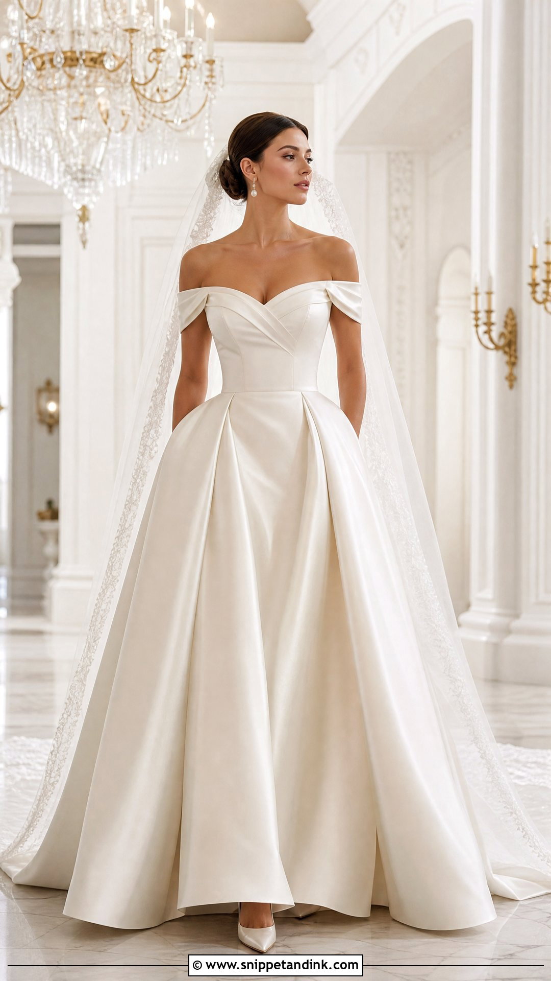 Satin Off the Shoulder Ball Gown - Snippet and Ink - 20 Satin Off the Shoulder Wedding Dress Ideas