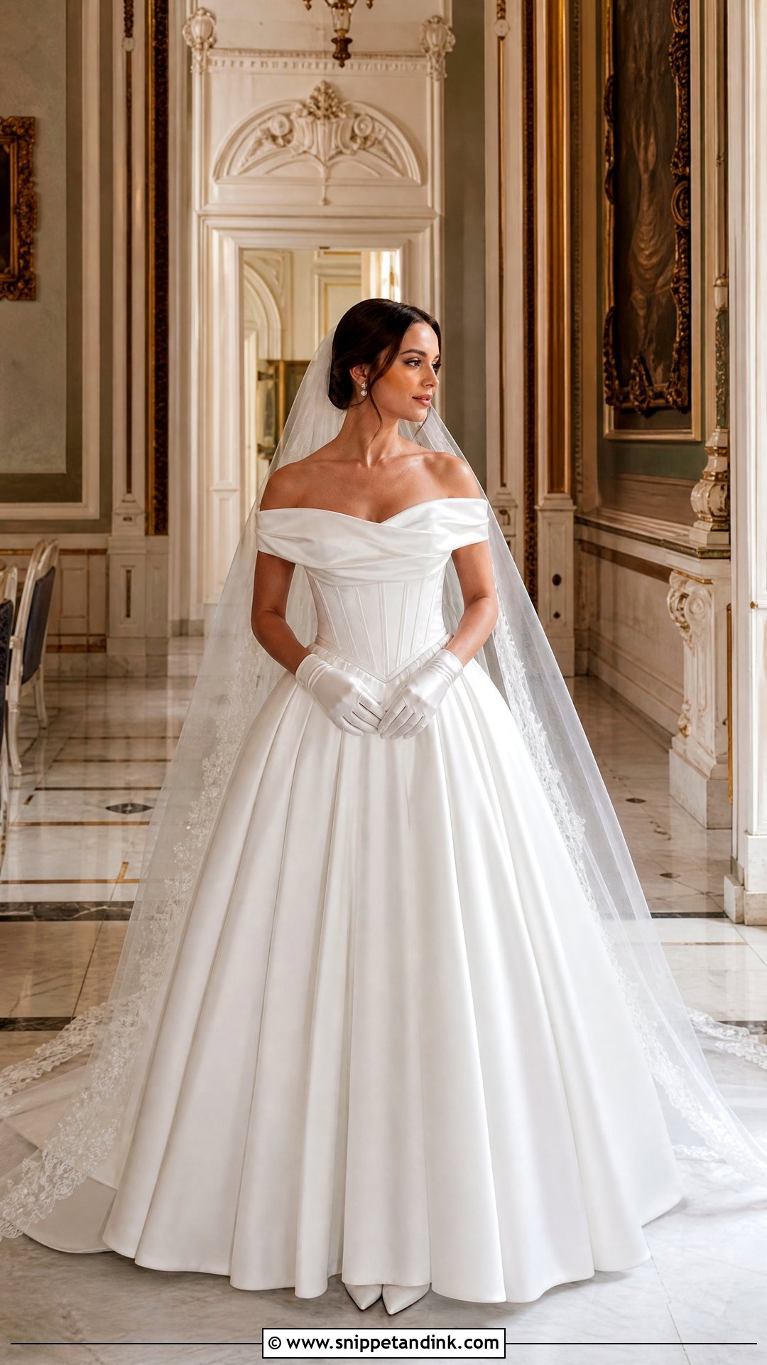 Satin Off the Shoulder Basque Waist Dress - Snippet and Ink - 20 Satin Off the Shoulder Wedding Dress Ideas