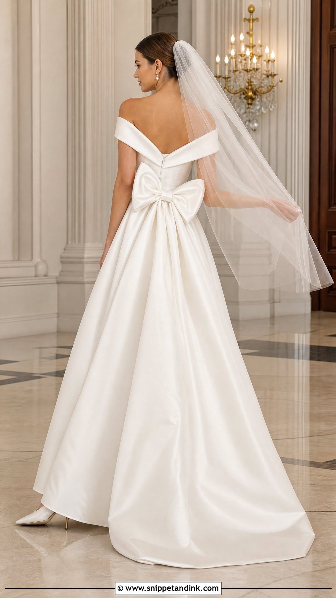 Satin Off the Shoulder Bow Dress - Snippet and Ink - 20 Satin Off the Shoulder Wedding Dress Ideas