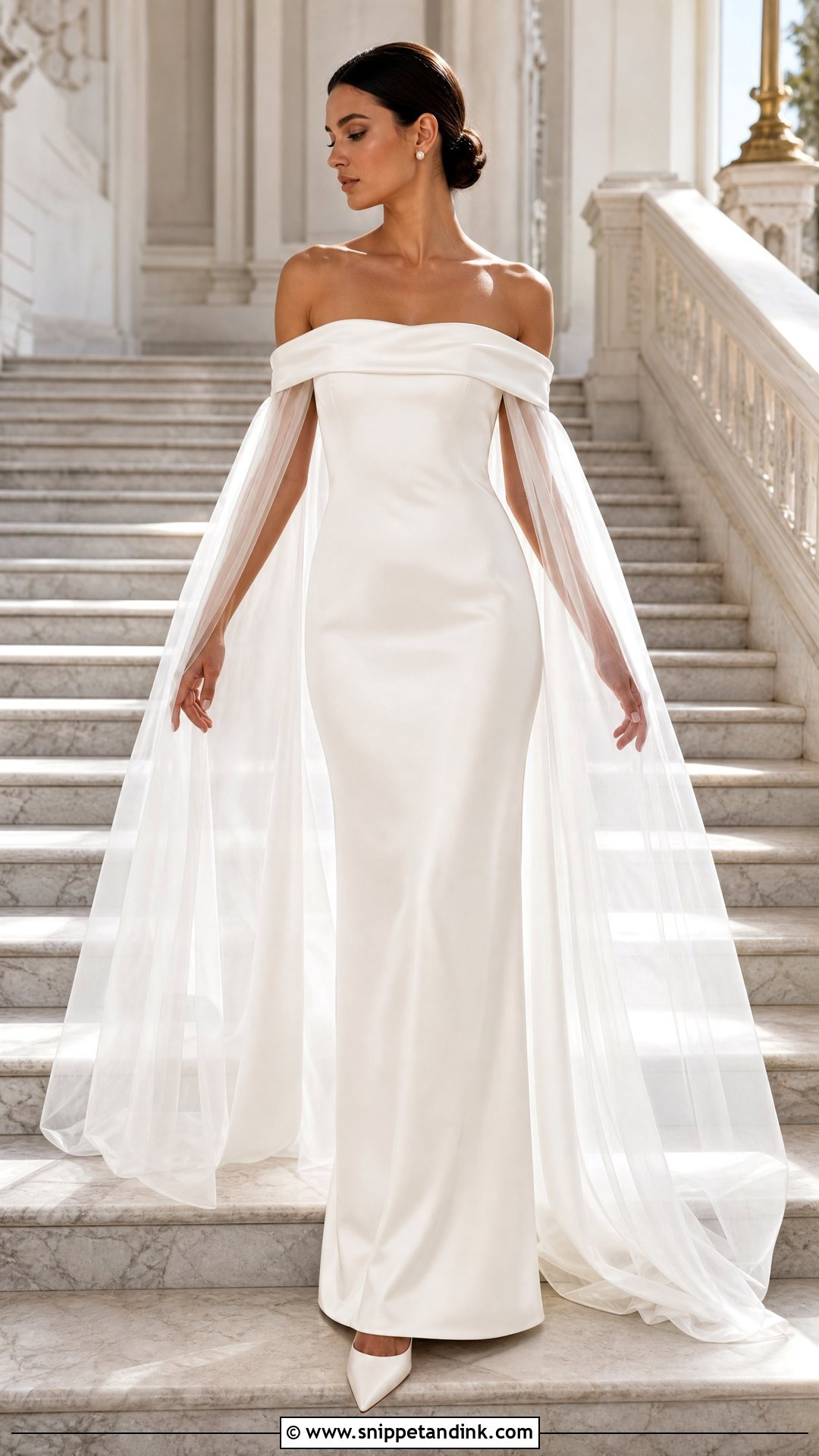 Satin Off the Shoulder Cape Dress - Snippet and Ink - 20 Satin Off the Shoulder Wedding Dress Ideas
