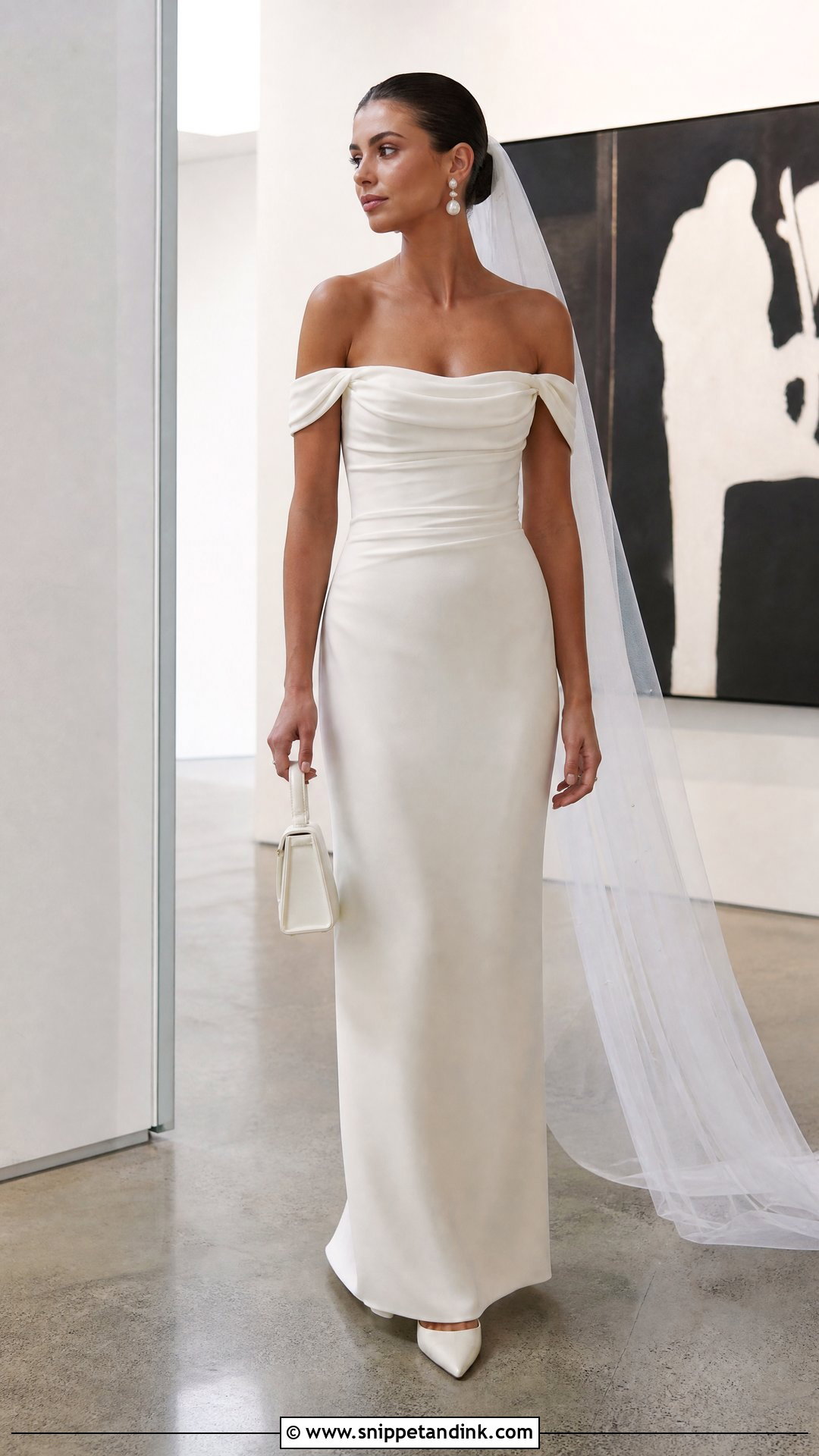 Satin Off the Shoulder Column Dress - Snippet and Ink - 20 Satin Off the Shoulder Wedding Dress Ideas
