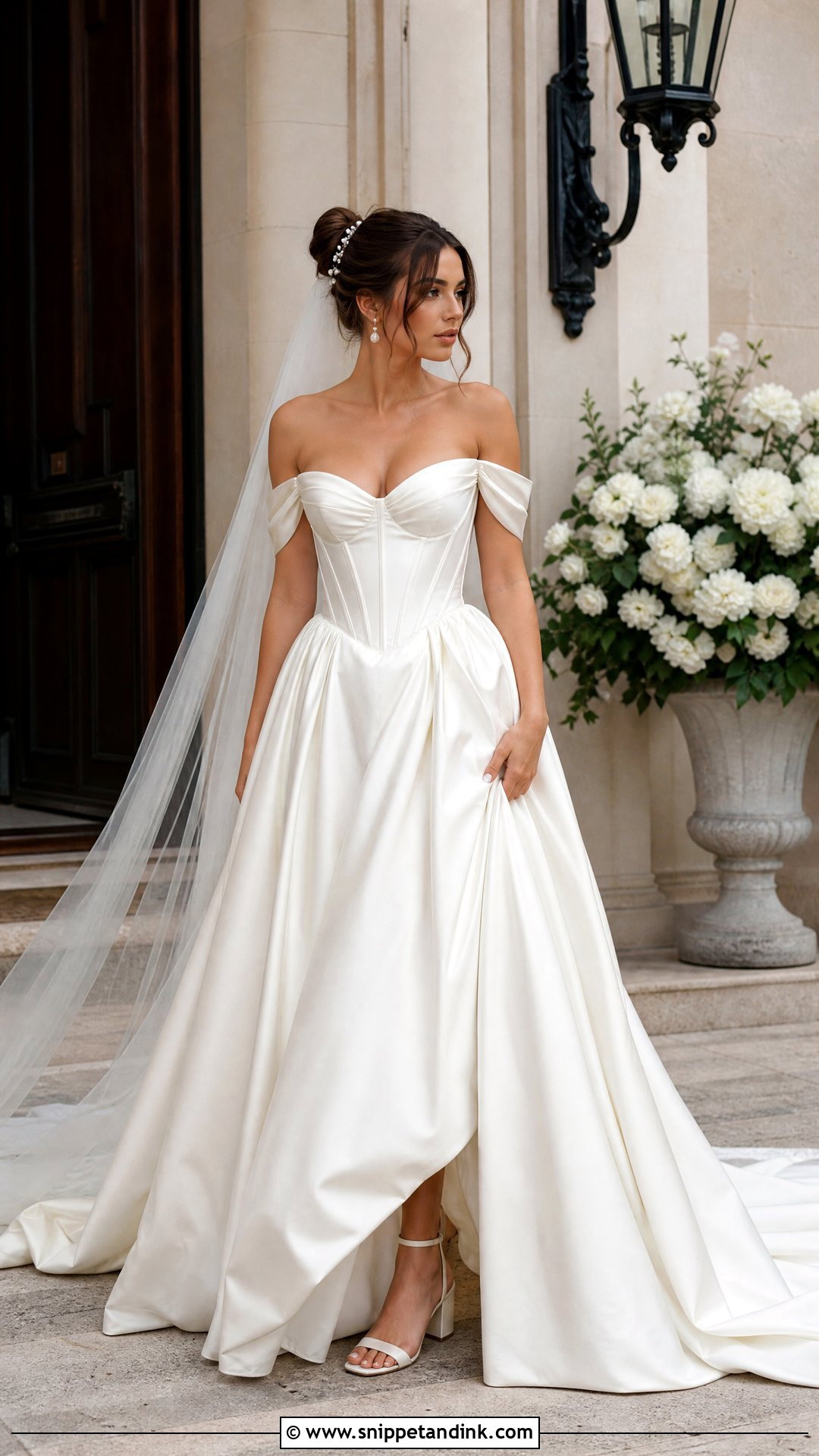 Satin Off the Shoulder Corset Dress - Snippet and Ink - 20 Satin Off the Shoulder Wedding Dress Ideas