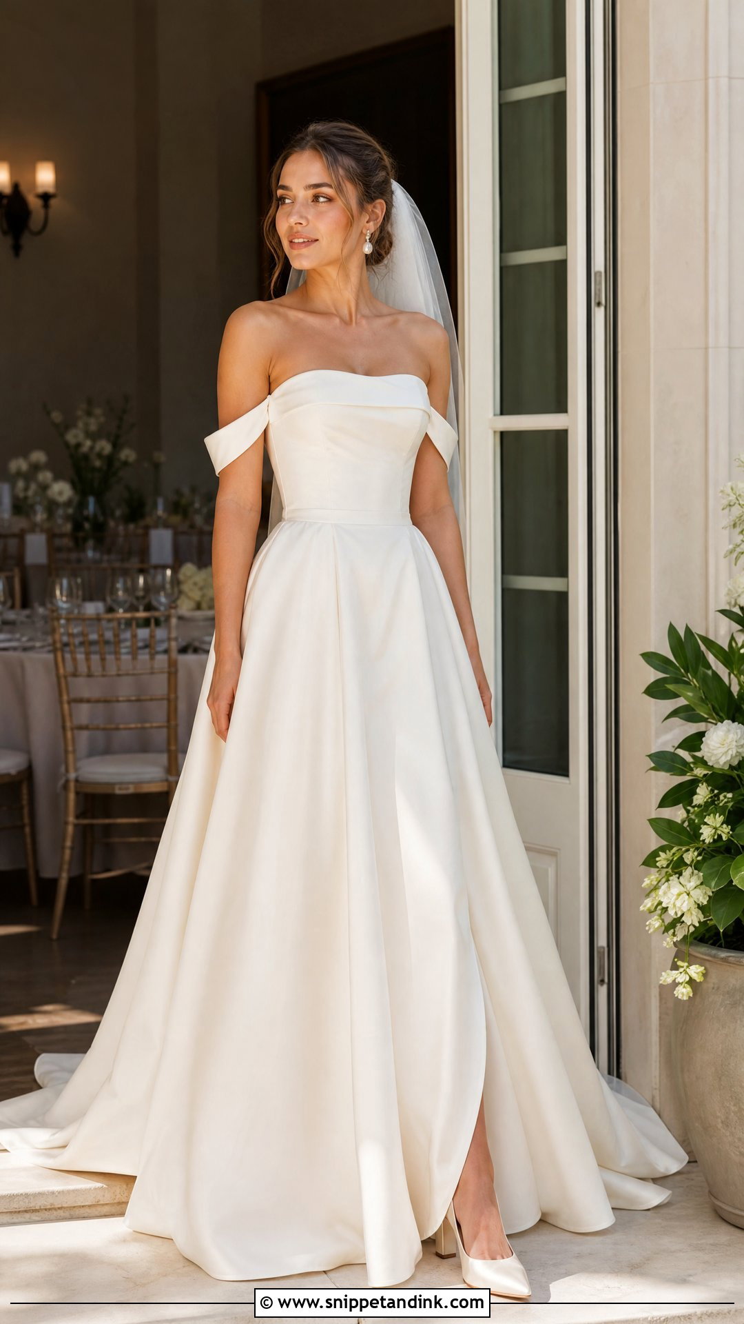 Satin Off the Shoulder Detachable Sleeve Dress - Snippet and Ink - 20 Satin Off the Shoulder Wedding Dress Ideas