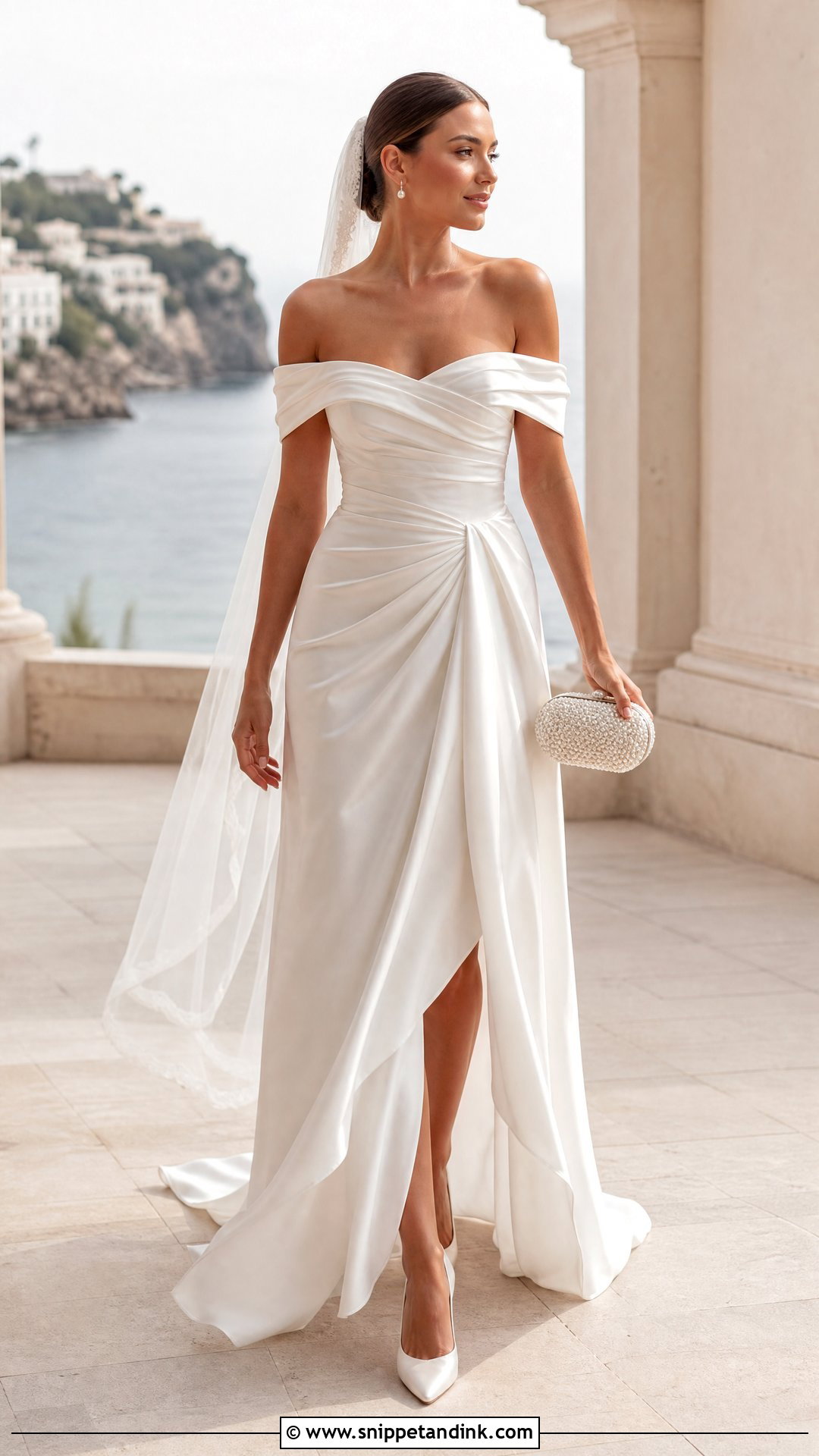 Satin Off the Shoulder Draped Dress - Snippet and Ink - 20 Satin Off the Shoulder Wedding Dress Ideas