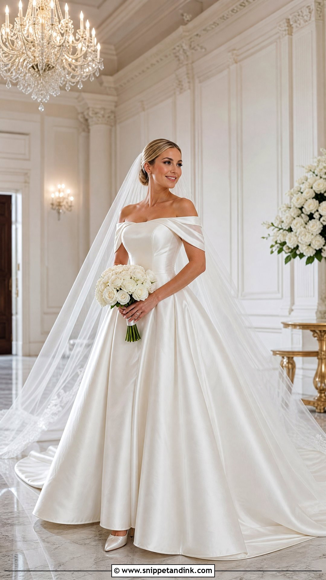 Satin Off the Shoulder Draped Sleeve Ball Gown - Snippet and Ink - 20 Wedding Dress Off the Shoulder Sleeves