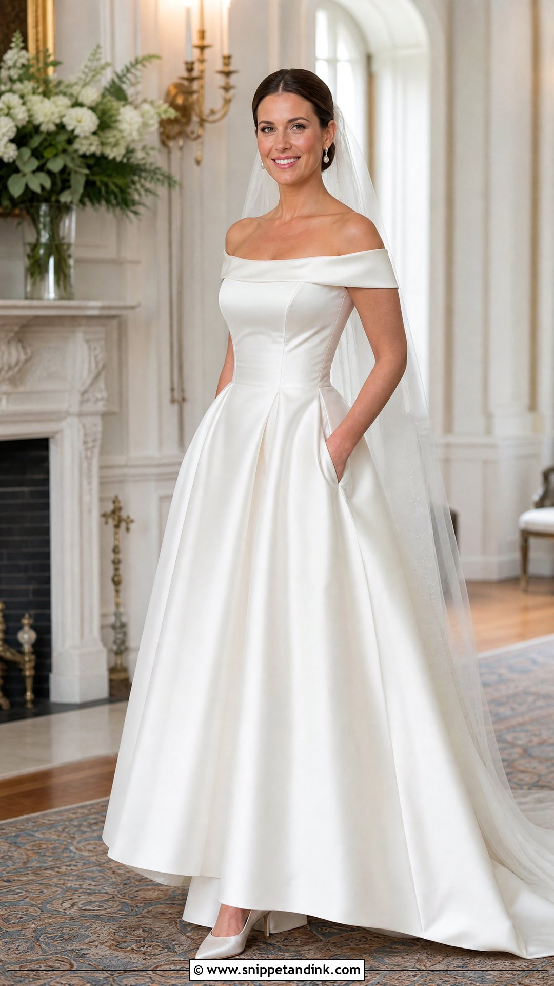 Satin Off the Shoulder Dress With Pockets - Snippet and Ink - 20 Satin Off the Shoulder Wedding Dress Ideas