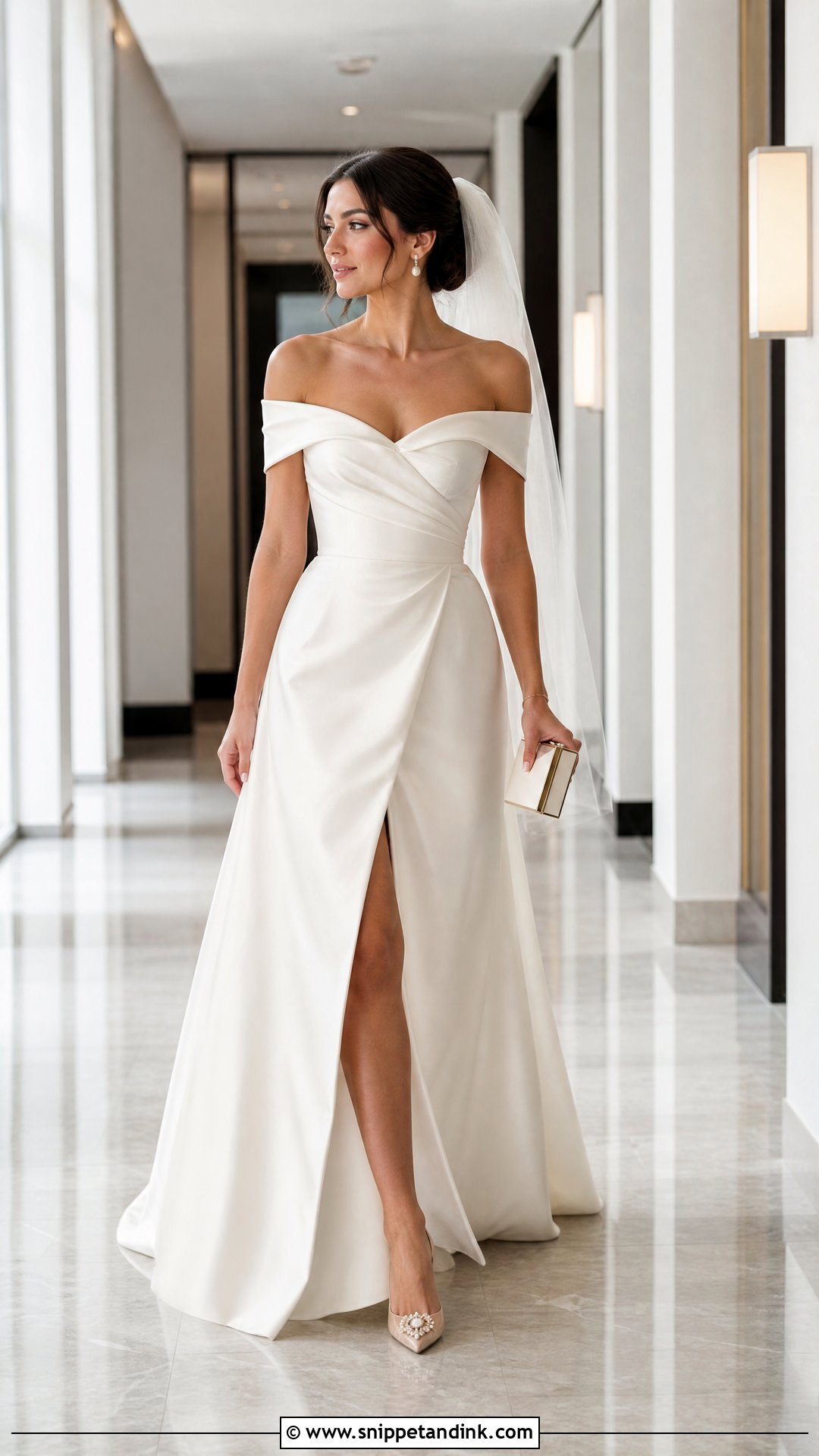Satin Off the Shoulder Dress With Slit - Snippet and Ink - 20 Satin Off the Shoulder Wedding Dress Ideas
