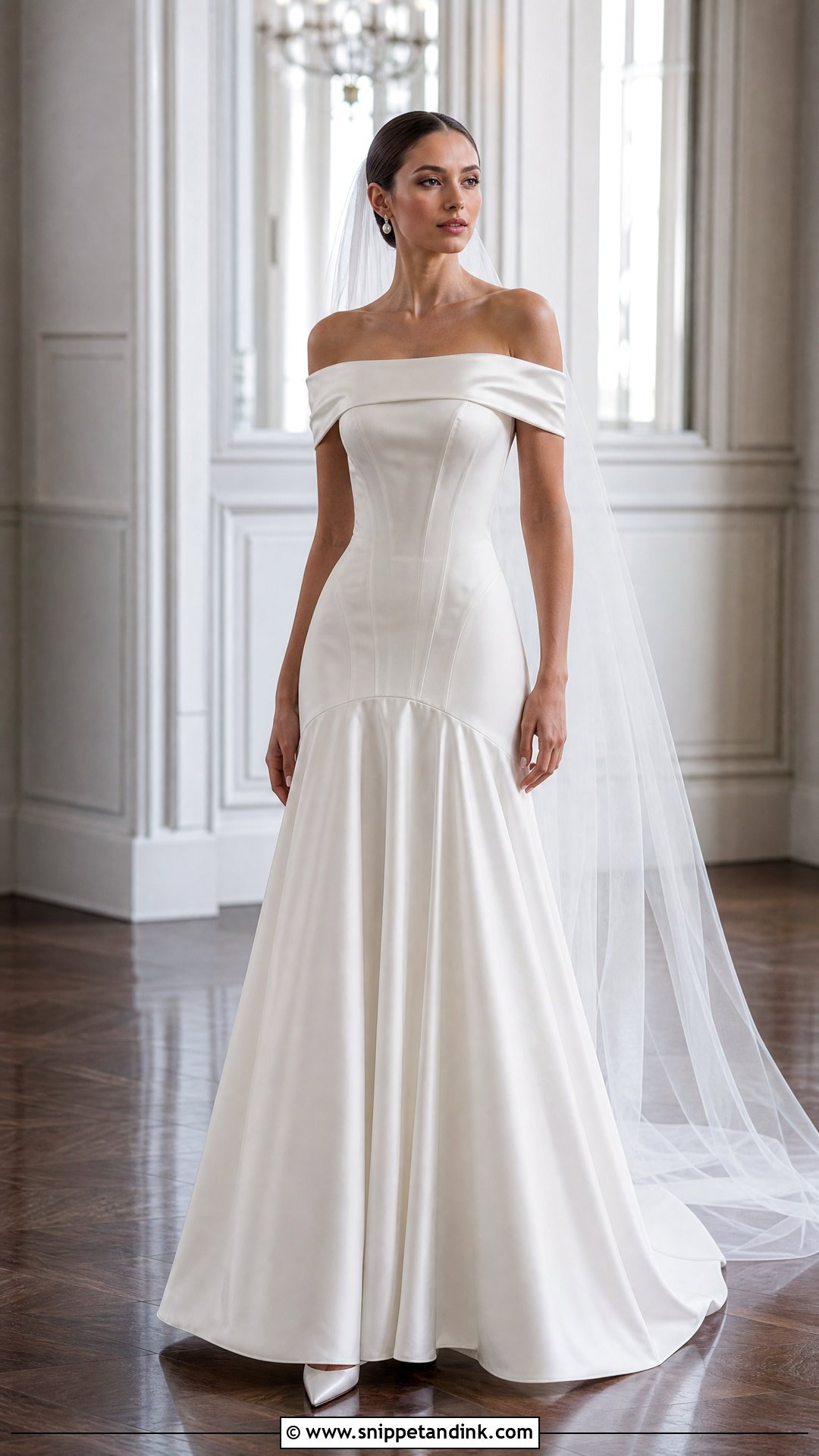 Satin Off the Shoulder Drop Waist Dress - Snippet and Ink - 20 Satin Off the Shoulder Wedding Dress Ideas
