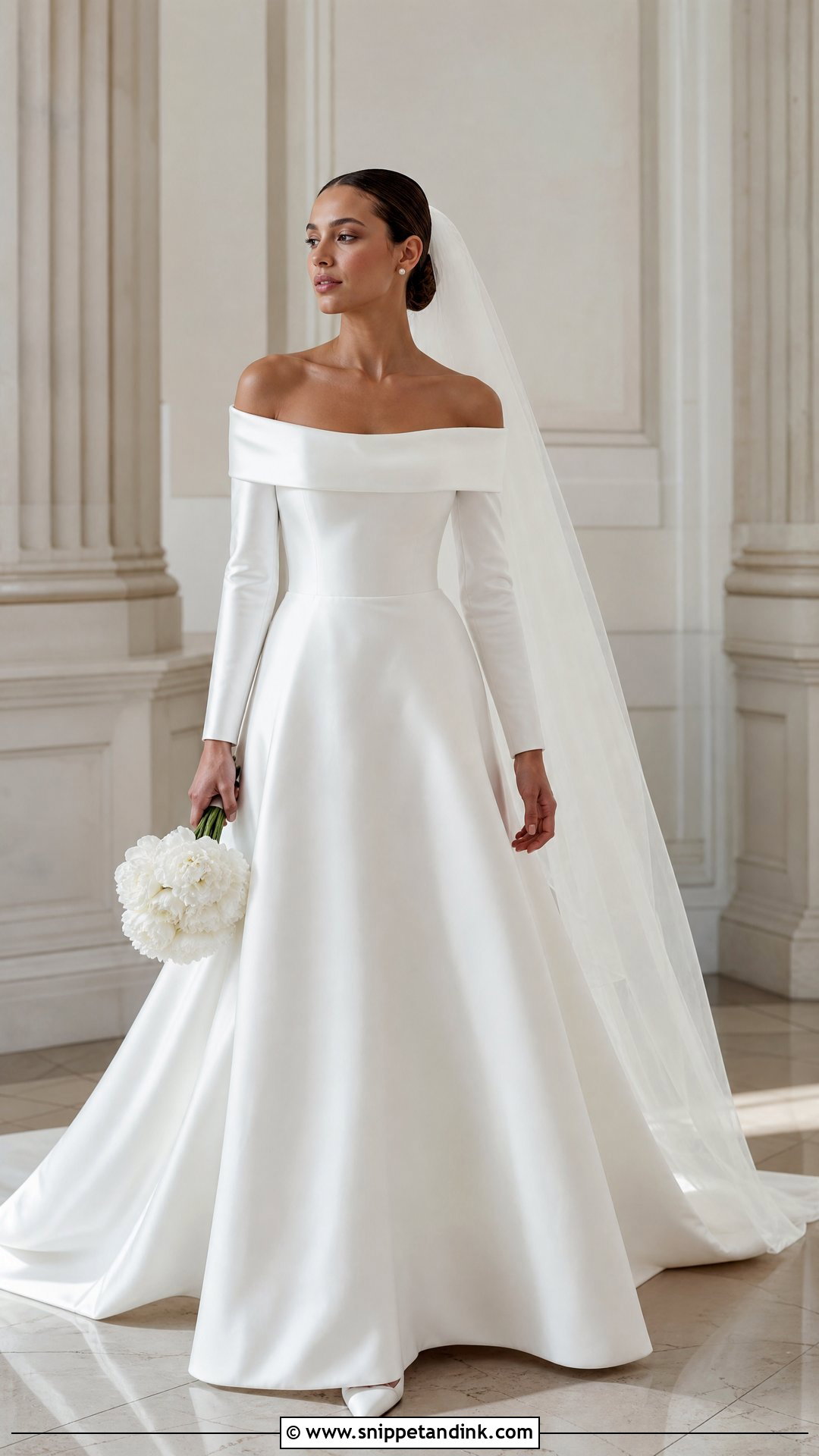 Satin Off the Shoulder Long Sleeve Dress - Snippet and Ink - 20 Satin Off the Shoulder Wedding Dress Ideas