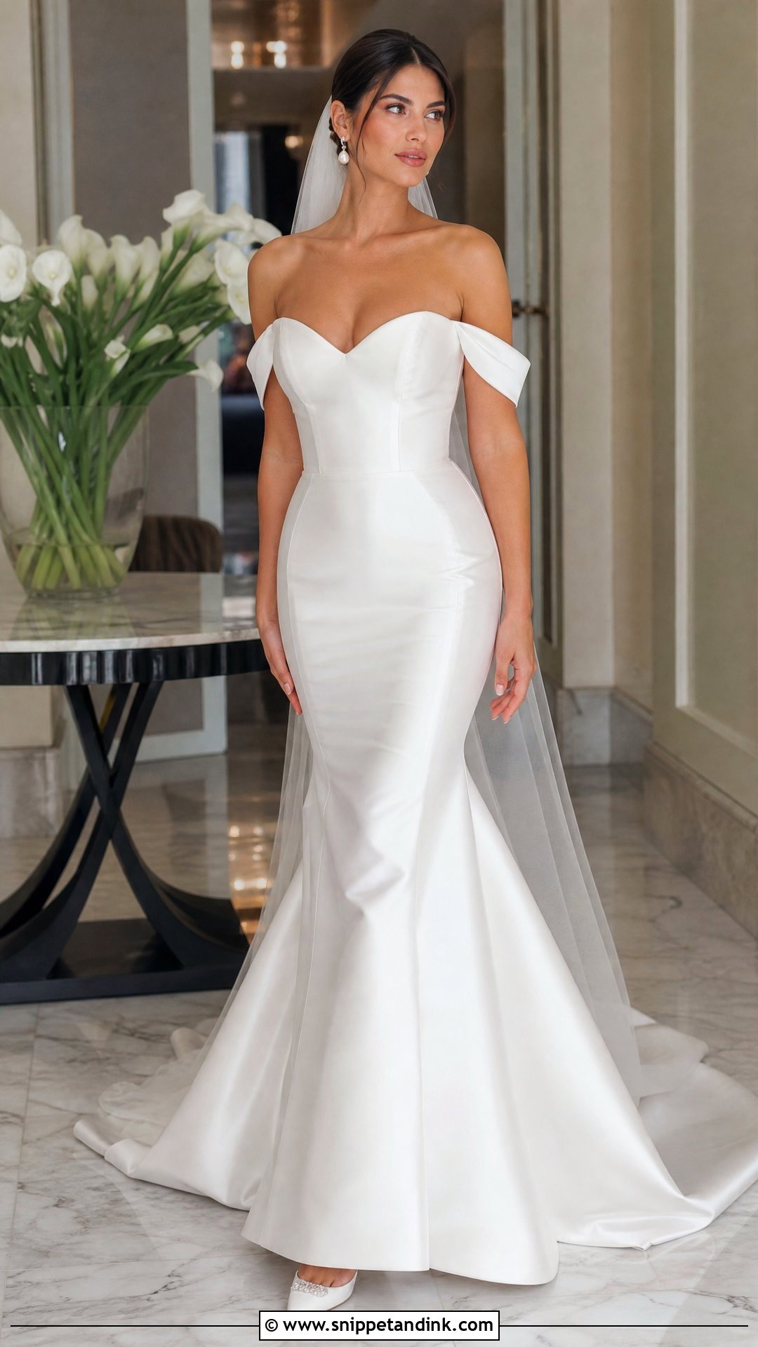 Satin Off the Shoulder Mermaid Dress - Snippet and Ink - 20 Satin Off the Shoulder Wedding Dress Ideas
