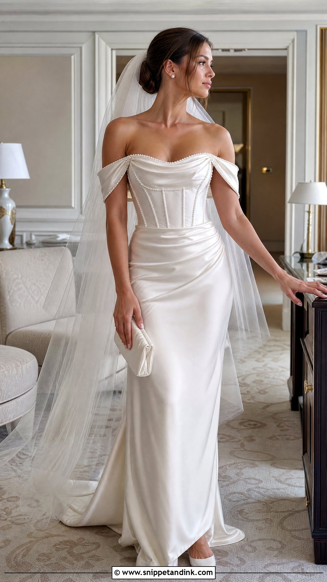 Satin Off the Shoulder Pearl Dress - Snippet and Ink - 20 Satin Off the Shoulder Wedding Dress Ideas