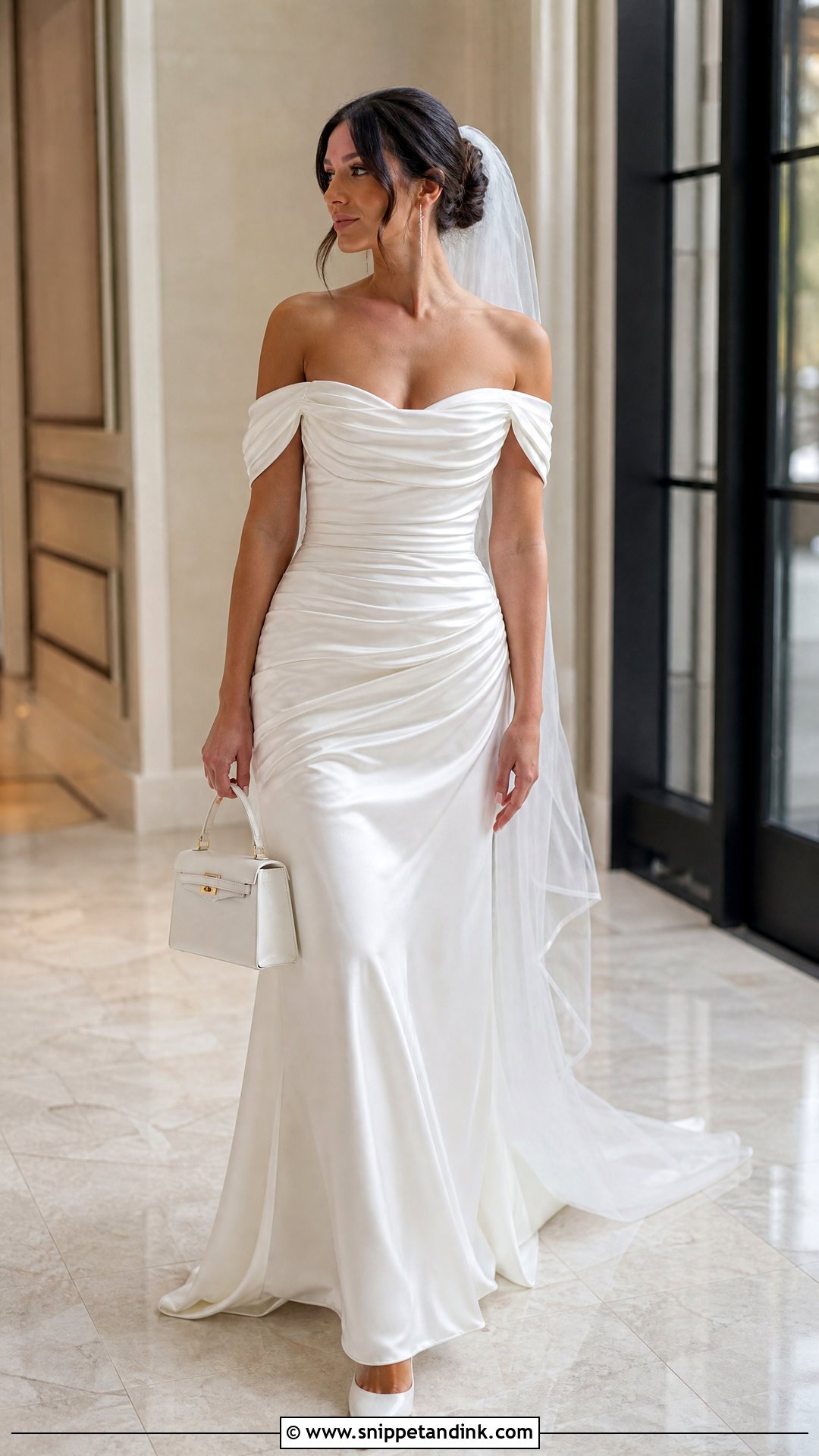 Satin Off the Shoulder Ruched Dress - Snippet and Ink - 20 Satin Off the Shoulder Wedding Dress Ideas