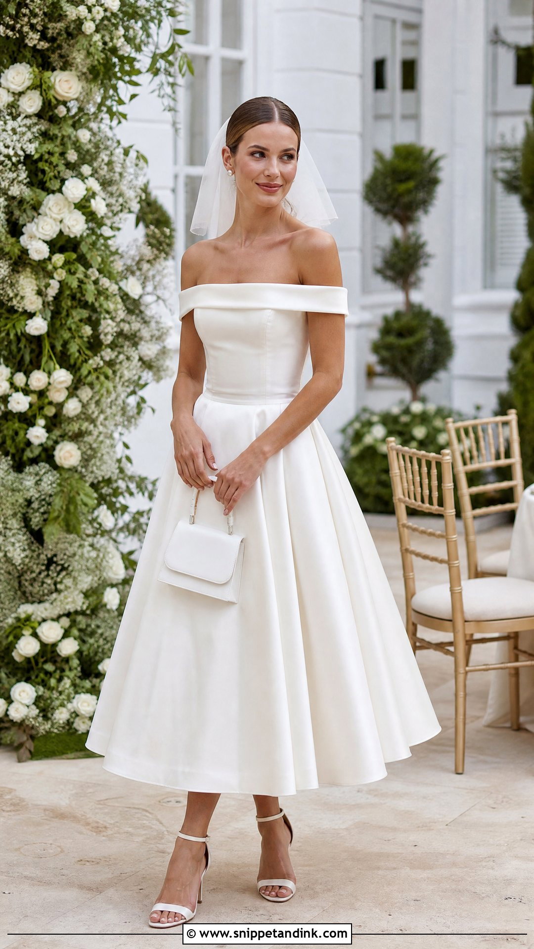 Satin Off the Shoulder Tea Length Dress - Snippet and Ink - 20 Satin Off the Shoulder Wedding Dress Ideas
