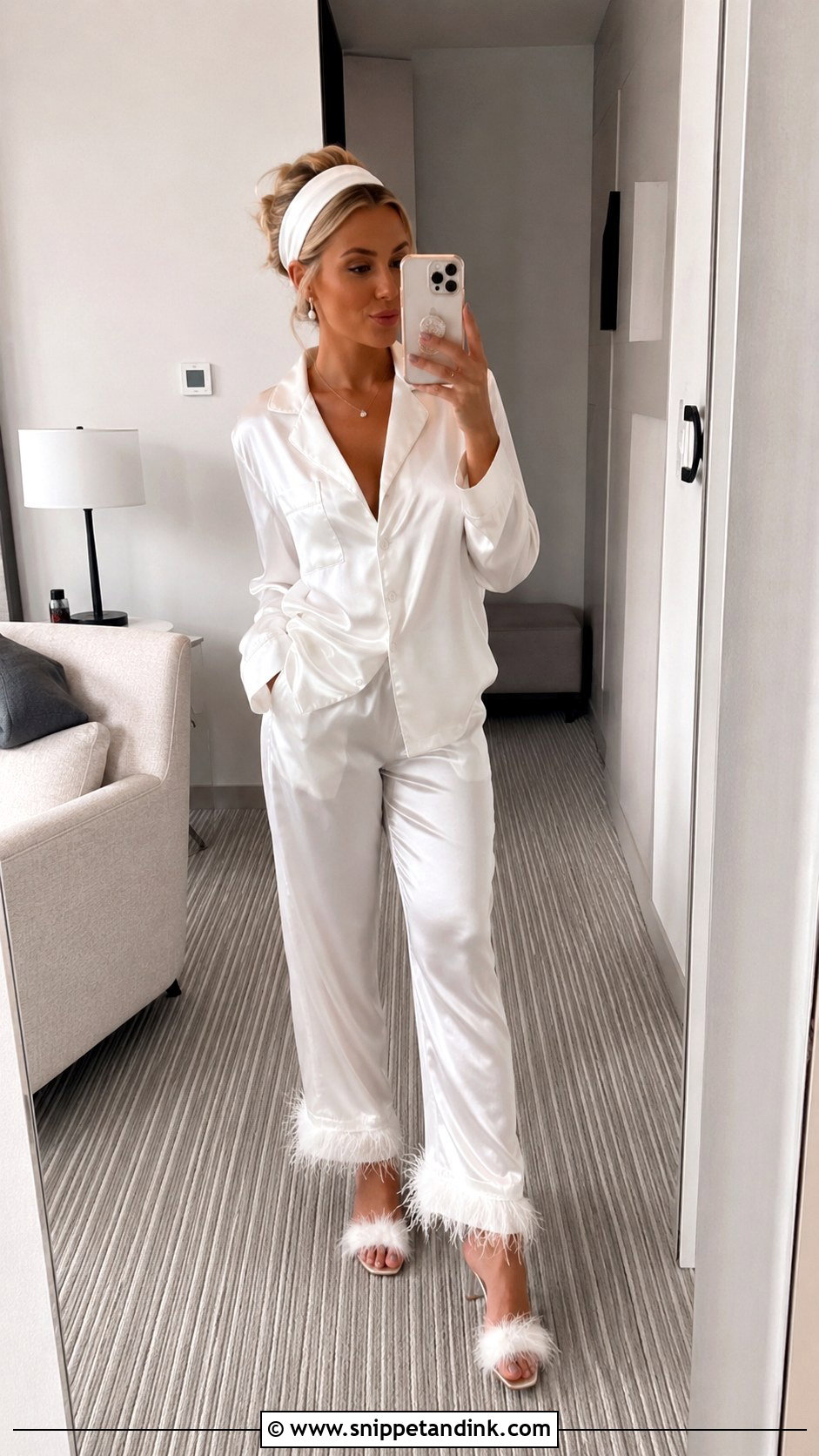 Satin Pajama Set With Feather Heels Outfit - Snippet and Ink - 25 Bling Before the Ring Outfits