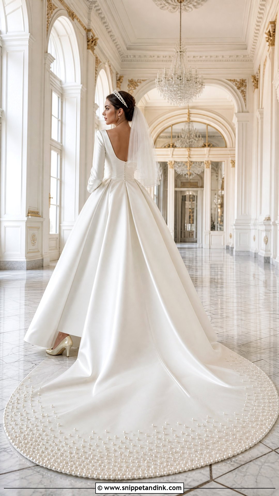 Satin Princess Wedding Dress With Pearl Train - Snippet and Ink - 20 Satin and Pearl Wedding Dress Ideas