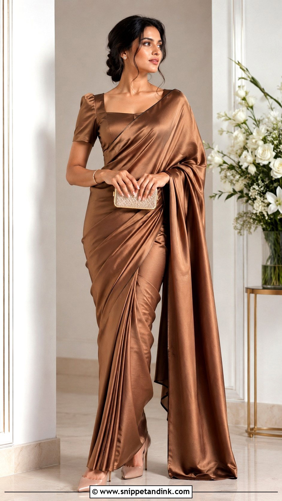Satin Saree Ring Ceremony Outfit - Snippet and Ink - 30 Ring Ceremony Outfit Ideas