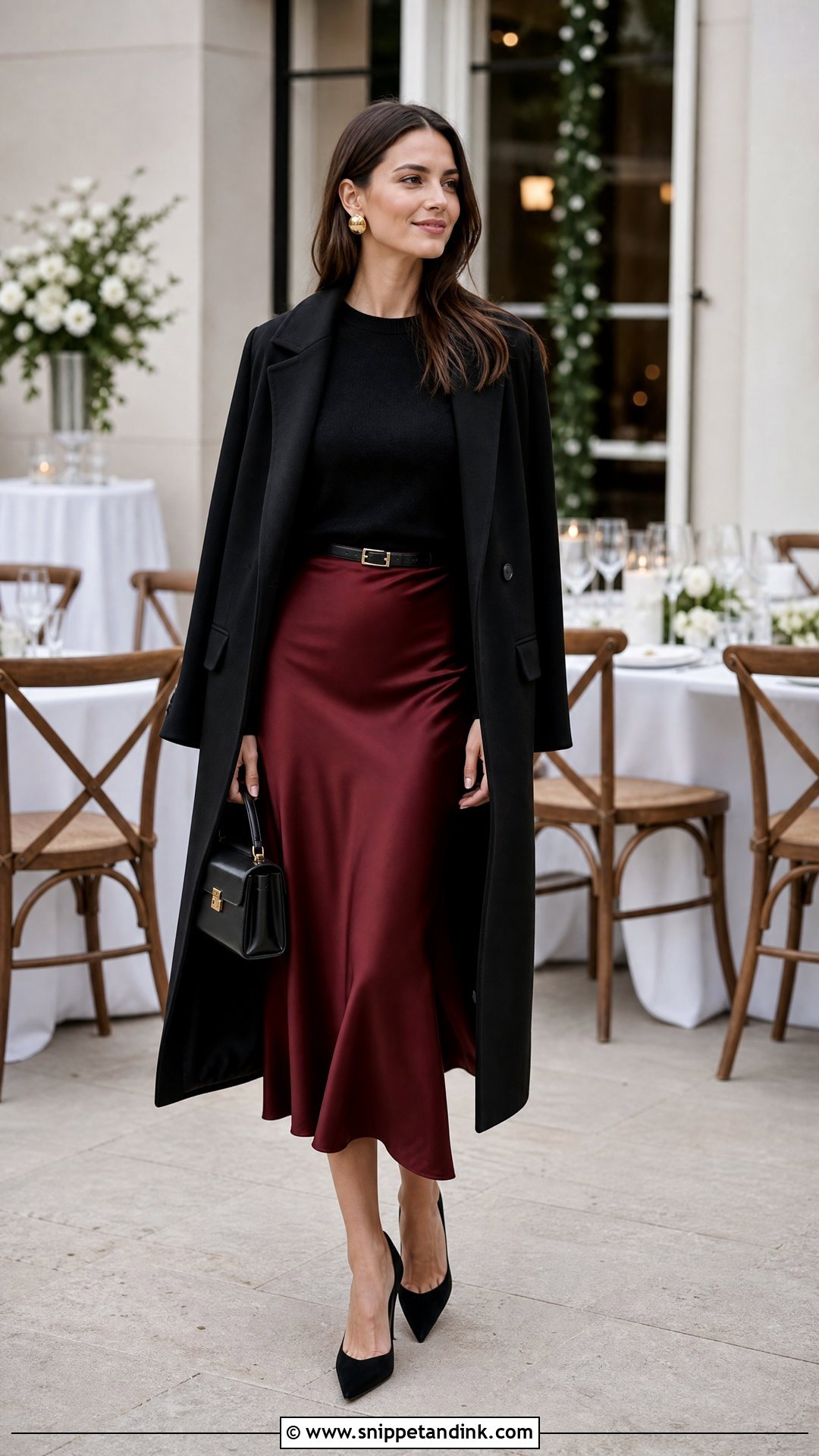 Satin Skirt And Cashmere Sweater Winter Wedding Outfit - Snippet and Ink - 20 Winter Outfits for Wedding