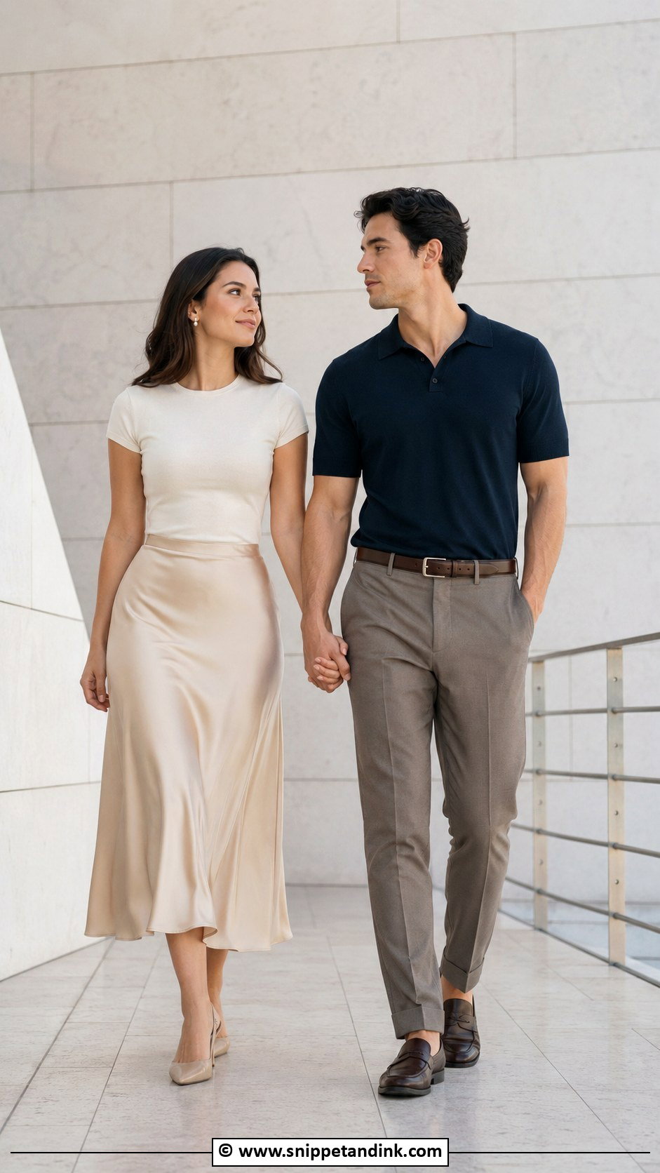 Satin Skirt And Knit Polo Couple Photoshoot Outfit - Snippet and Ink - 30 Couple Photoshoot Outfits