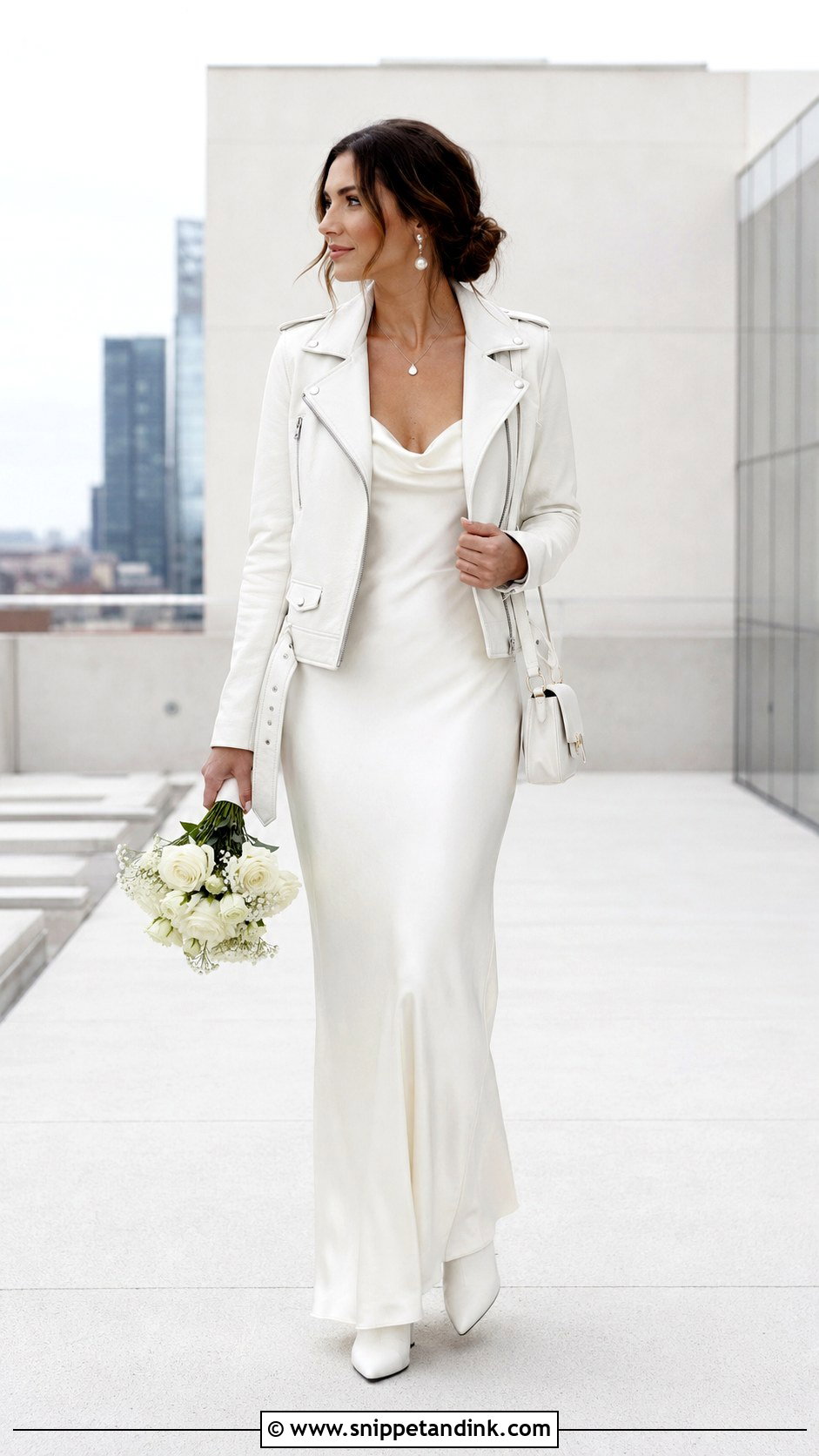 Satin Slip Biker Wedding Dress With White Moto Jacket - Snippet and Ink - 20 Biker Wedding Dress Ideas