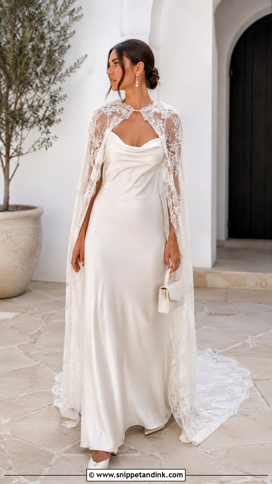 Satin Slip Boho Glam Wedding Dress With Lace Cape - Snippet and Ink - 20 Boho Glam Wedding Dress Ideas