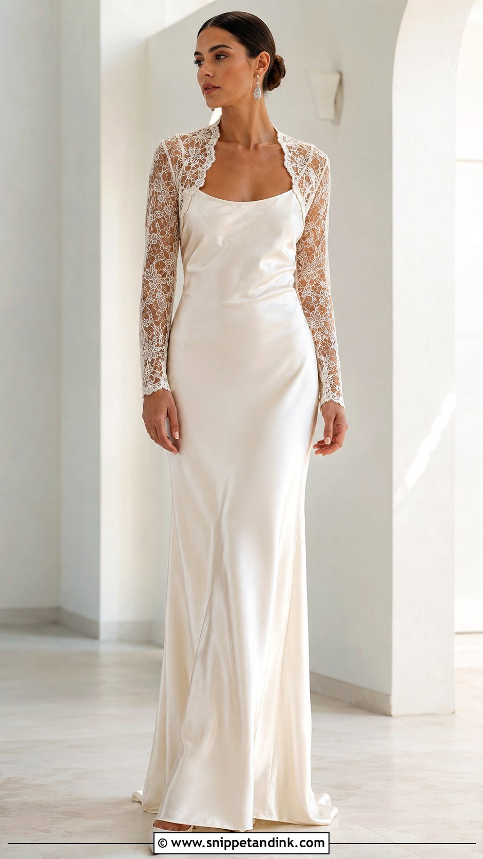 Satin Slip Bridal Dress With Long Sleeve Bolero - Snippet and Ink - 20 Winter Bridal Outfit Ideas