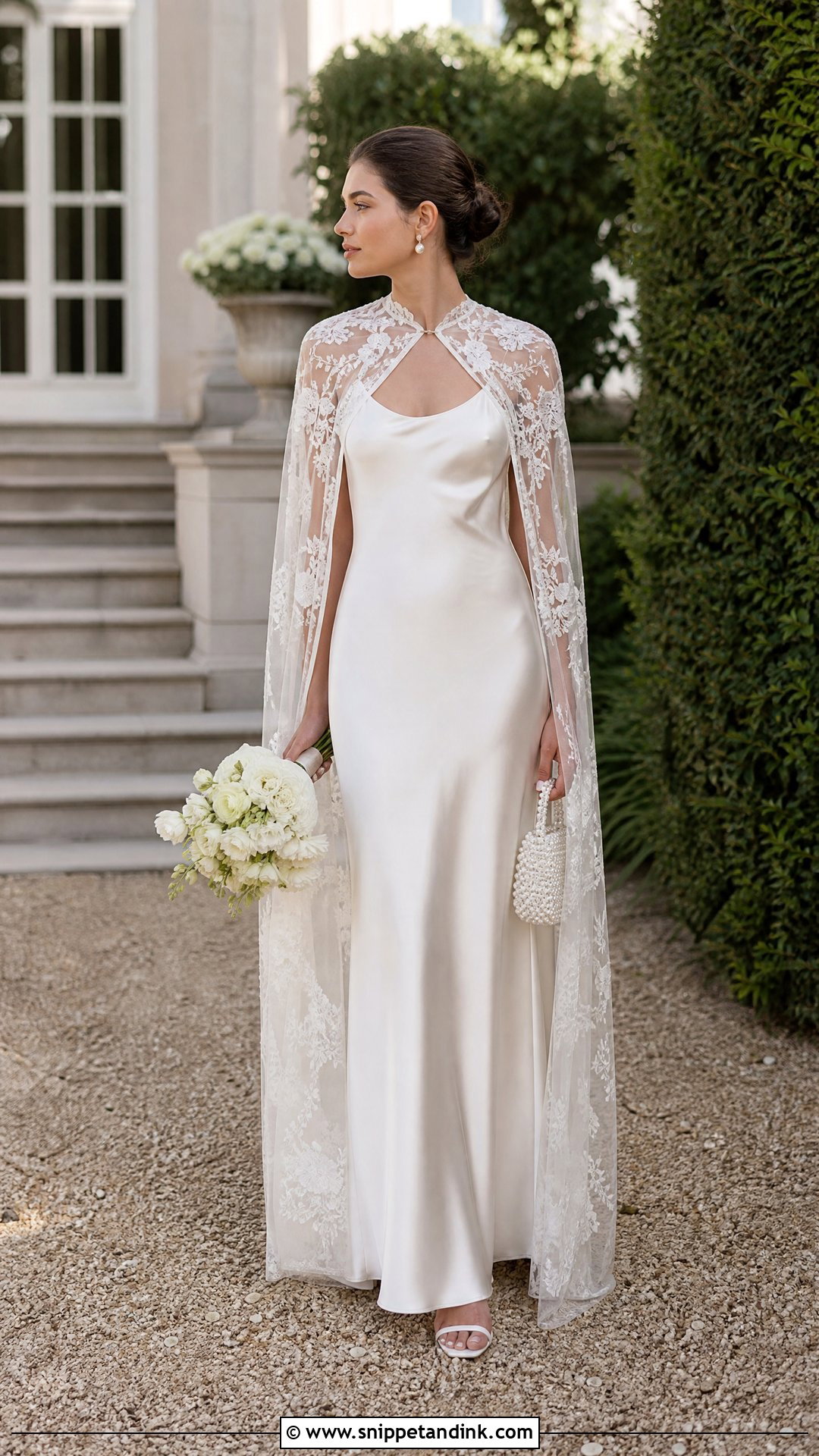 Satin Slip Cottage Wedding Dress With Lace Cape - Snippet and Ink - 25 Cottage Wedding Dress Ideas