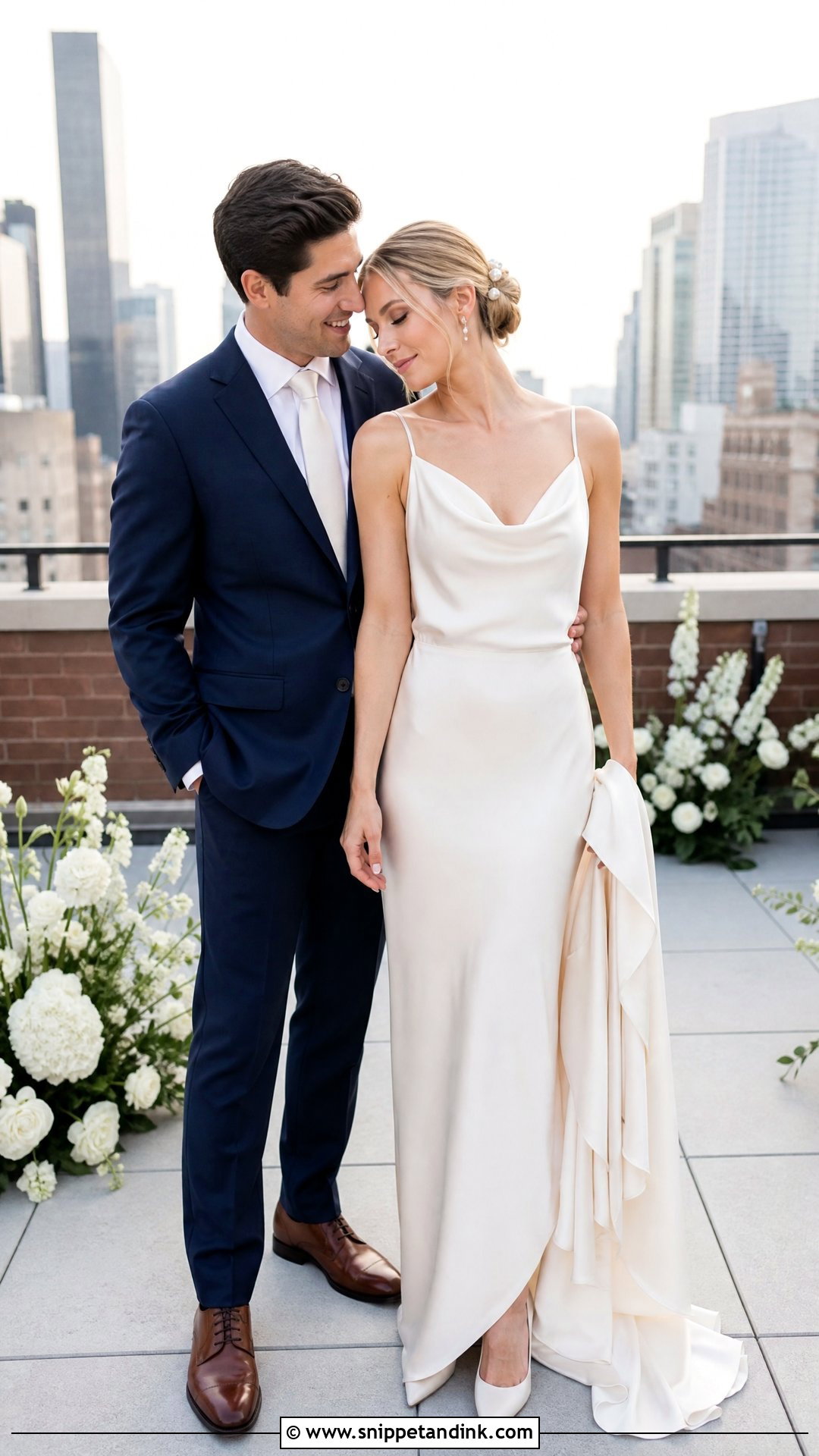 Satin Slip Dress And Navy Suit Wedding Couple - Snippet and Ink - 20 Wedding Dresses for Couple