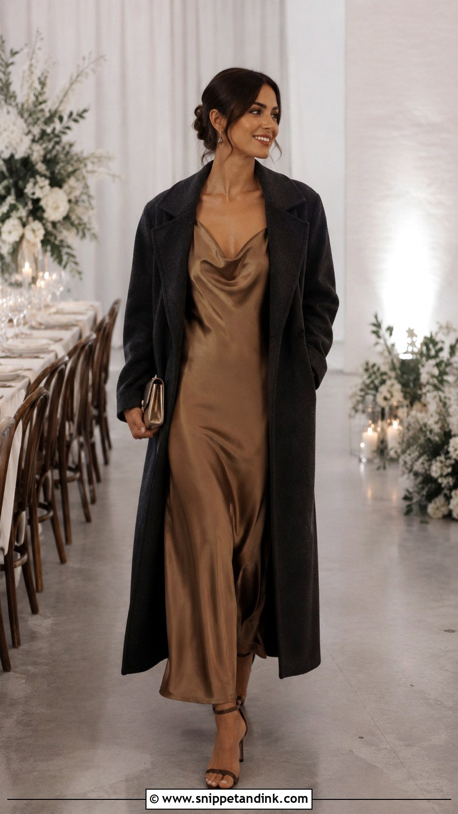 Satin Slip Dress With Coat Winter Wedding Outfit - Snippet and Ink - 30 Winter Wedding Outfits
