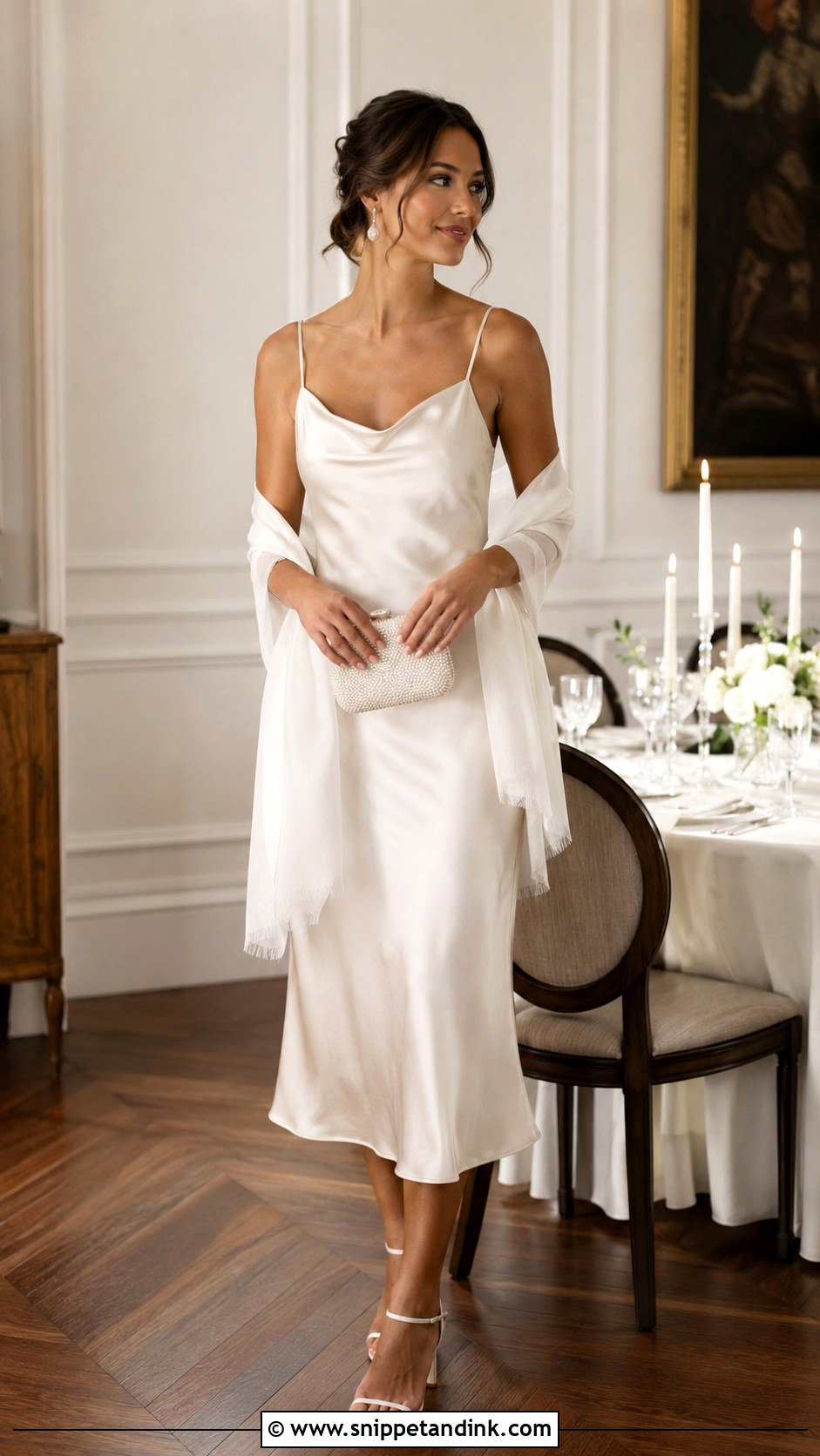 Satin Slip Dress With Shawl Rehearsal Dinner Outfit - Snippet and Ink - 20 Bridal Rehearsal Dinner Outfit Ideas