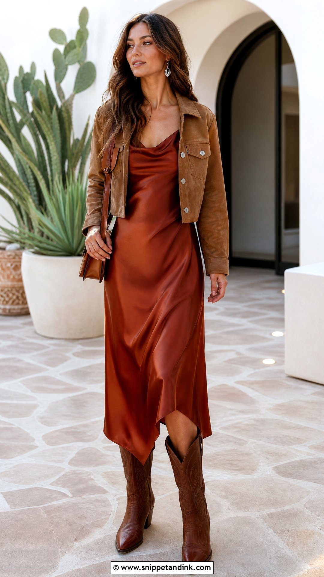 Satin Slip Dress With Western Boots - Snippet and Ink - 20 Western Welcome Party Outfit Ideas