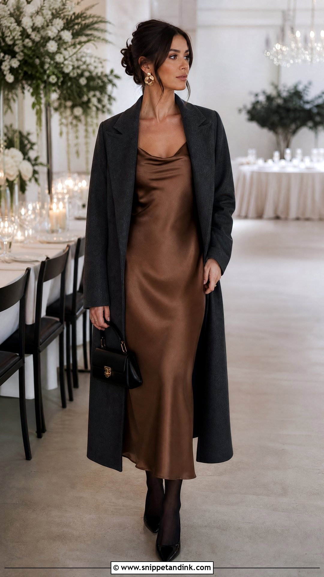 Satin Slip Dress With Wool Coat Winter Wedding Outfit - Snippet and Ink - 20 What to Wear to a Wedding in Winter Ideas