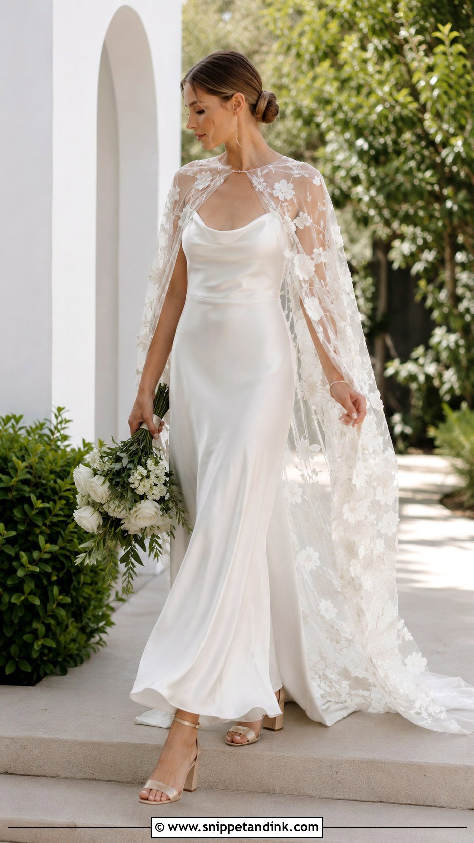 Satin Slip Garden Party Wedding Dress With Floral Cape - Snippet and Ink - 20 Garden Party Wedding Dress the Bride Ideas