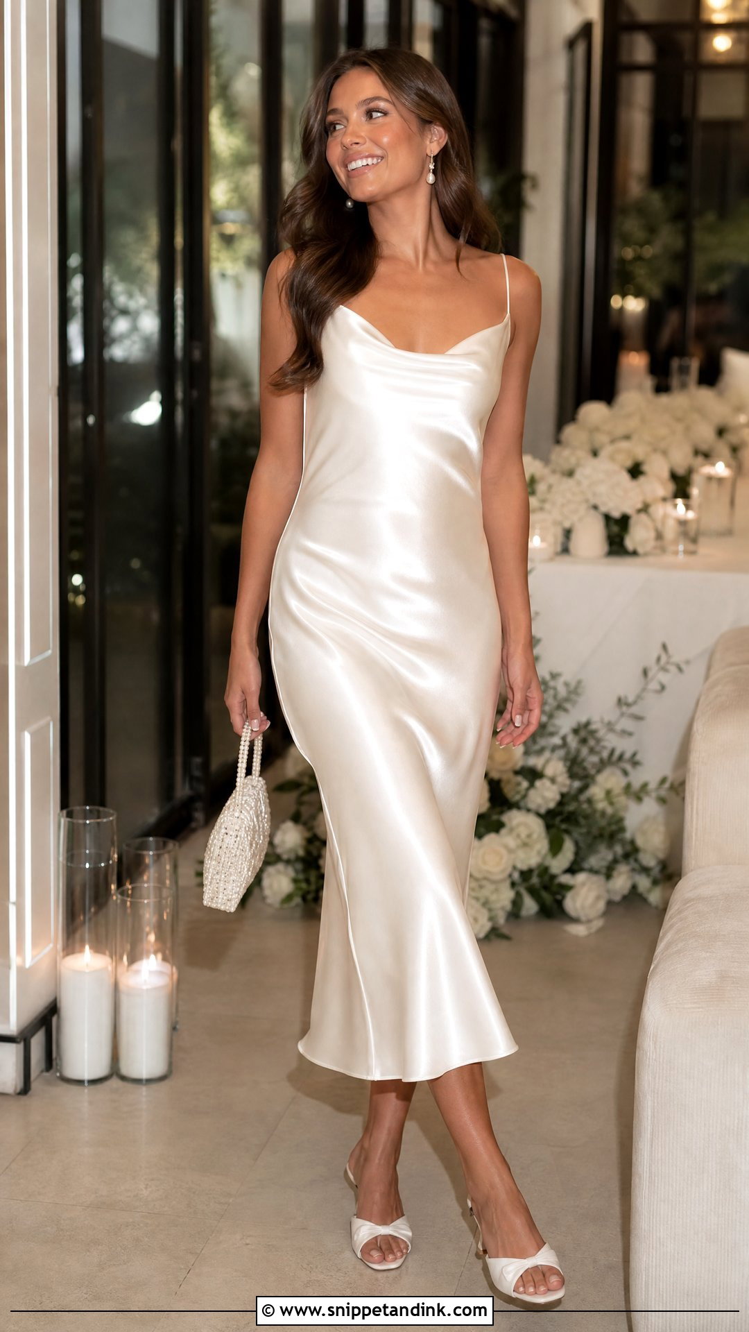 Satin Slip Midi Dress Wedding After Party Outfit - Snippet and Ink - 20 Wedding After Party Outfit Brides Ideas
