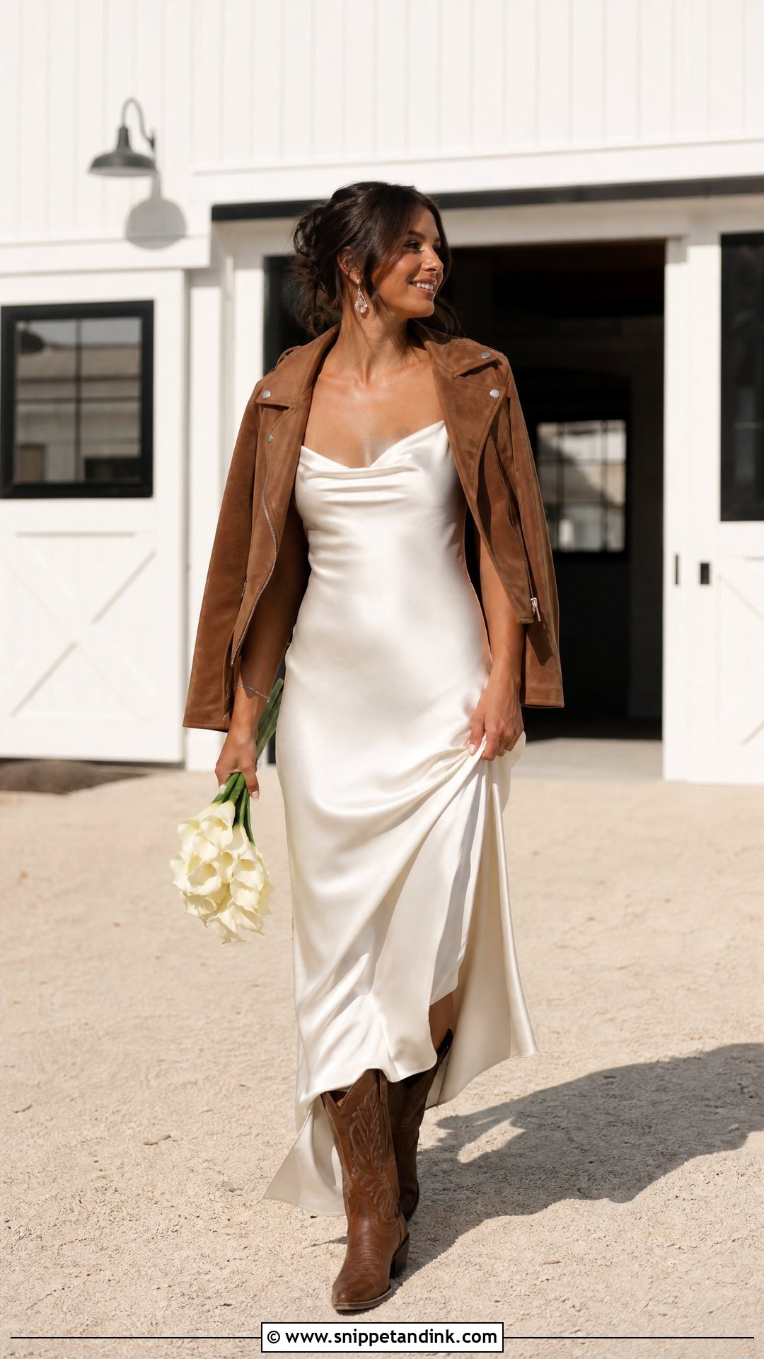 Satin Slip Wedding Dress With Cowboy Boots - Snippet and Ink - 20 Wedding Dresses with Cowboy Boots