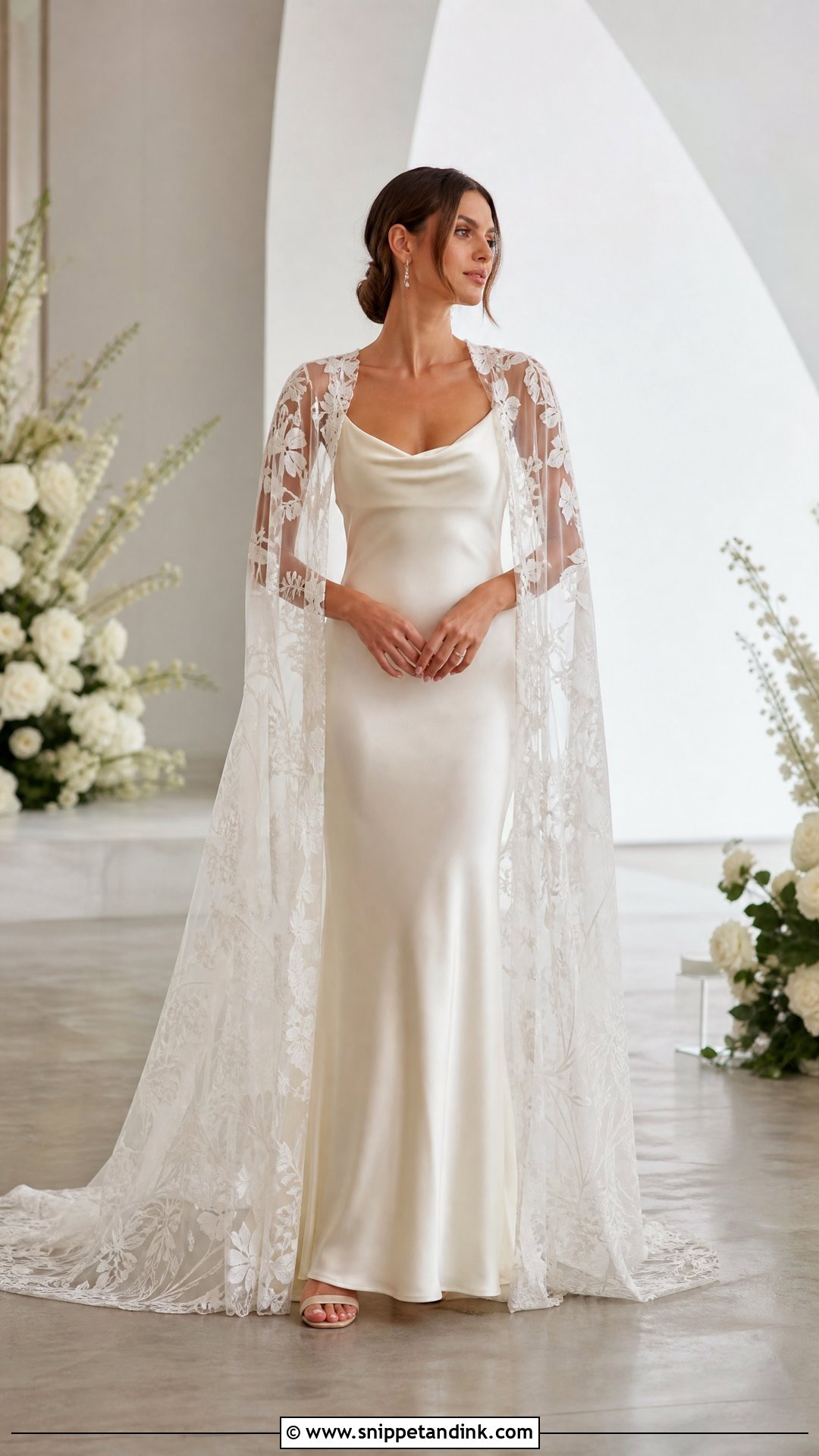 Satin Slip Wedding Dress With Lace Cape - Snippet and Ink - 20 Vintage Bohemian Wedding Dresses