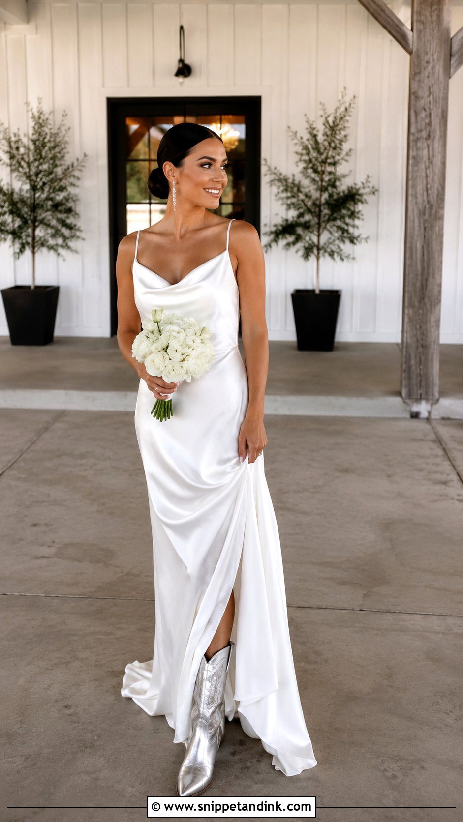 Satin Slip Wedding Dress With Metallic Cowboy Boots - Snippet and Ink - 20 Bride Cowboy Boots Ideas