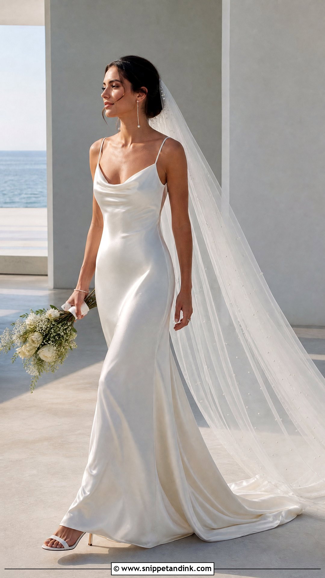 Satin Slip Wedding Dress With Pearl Veil - Snippet and Ink - 20 Satin and Pearl Wedding Dress Ideas