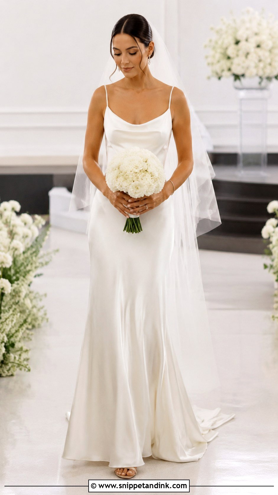 Satin Slip Wedding Dress With Veil And Sandals - Snippet and Ink - 20 Very Simple Wedding Dress Ideas