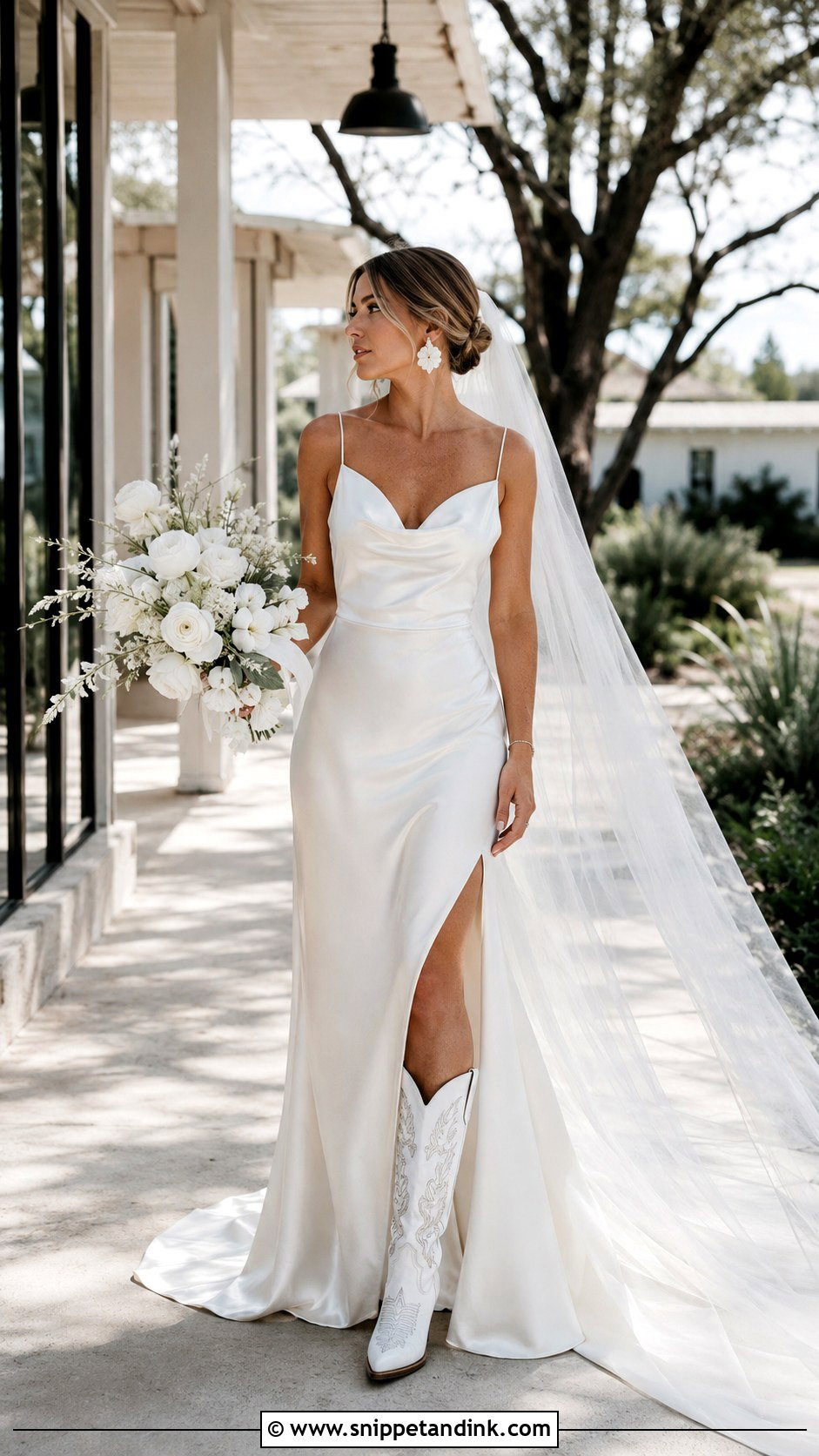Satin Slip Wedding Dress With White Cowgirl Boots - Snippet and Ink - 20 Cowgirl Boots Wedding Dress Ideas