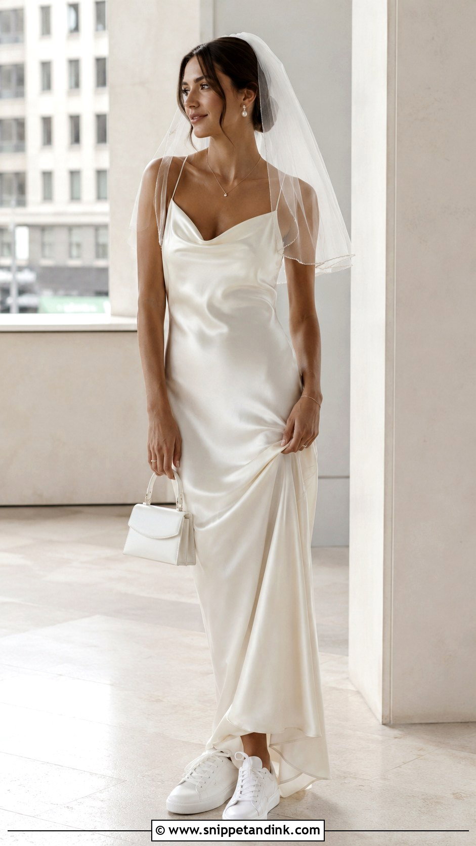 Satin Slip Wedding Dress With White Leather Sneakers - Snippet and Ink - 20 Bride with Sneakers Ideas